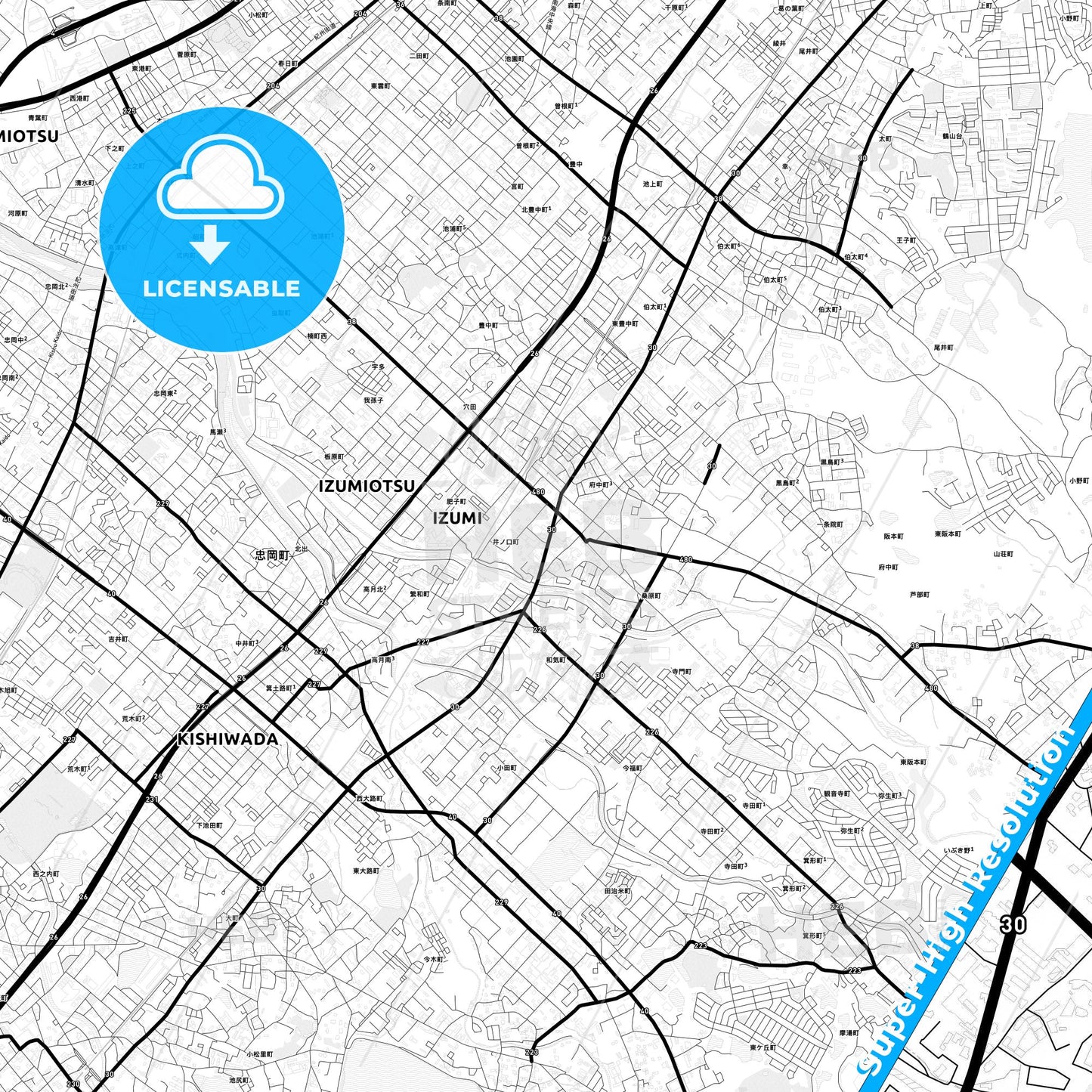 Izumi, Japan Light Map with Street Names, City Names, and Districts