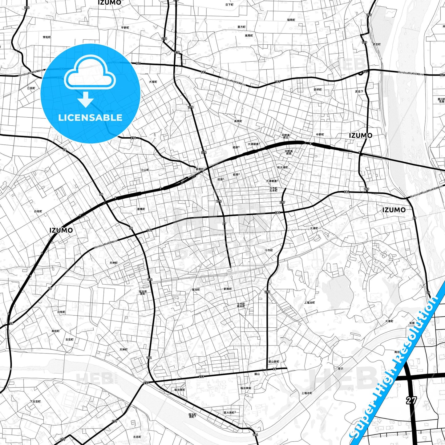 Izumo, Japan Light Map with Street Names, City Names, and Districts