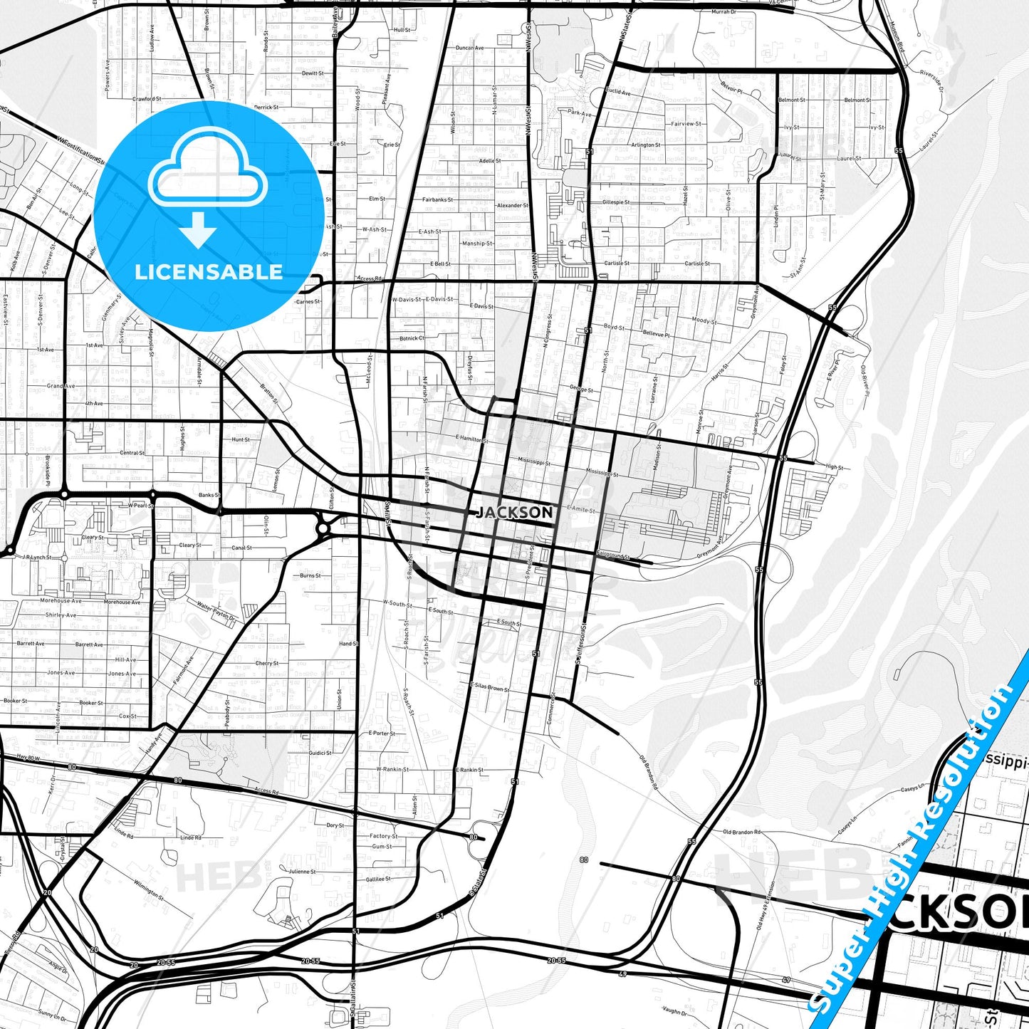 Jackson, Mississippi Light Map with Street Names, City Names, and Districts