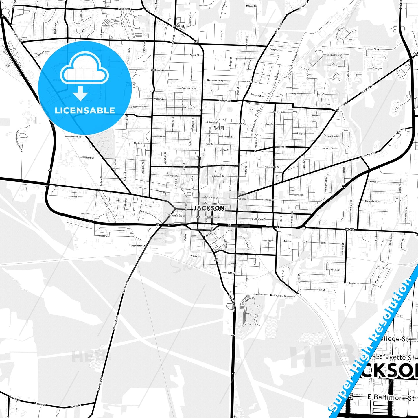 Jackson, Tennessee Light Map with Street Names, City Names, and Districts