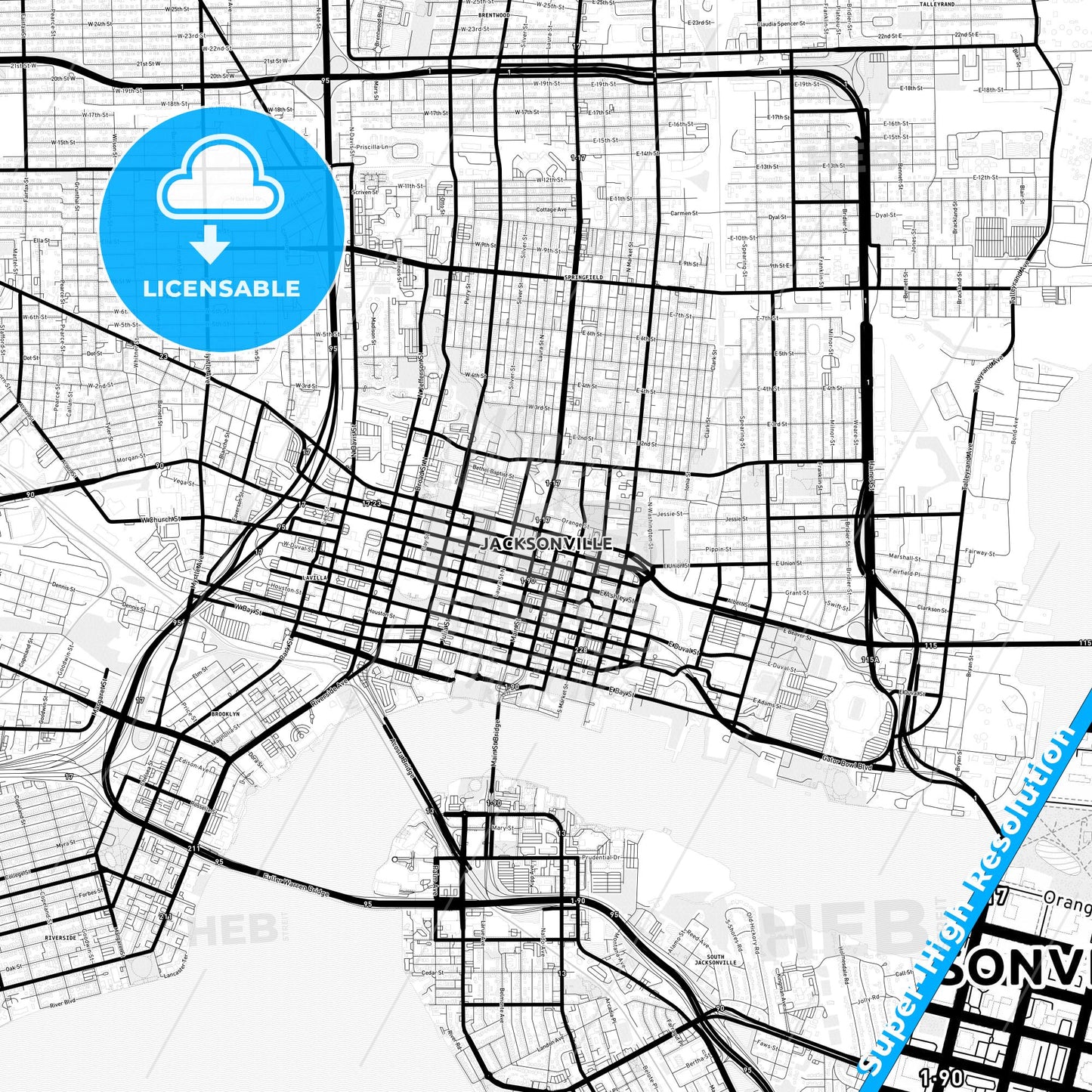 Jacksonville, Florida Light Map with Street Names, City Names, and Districts