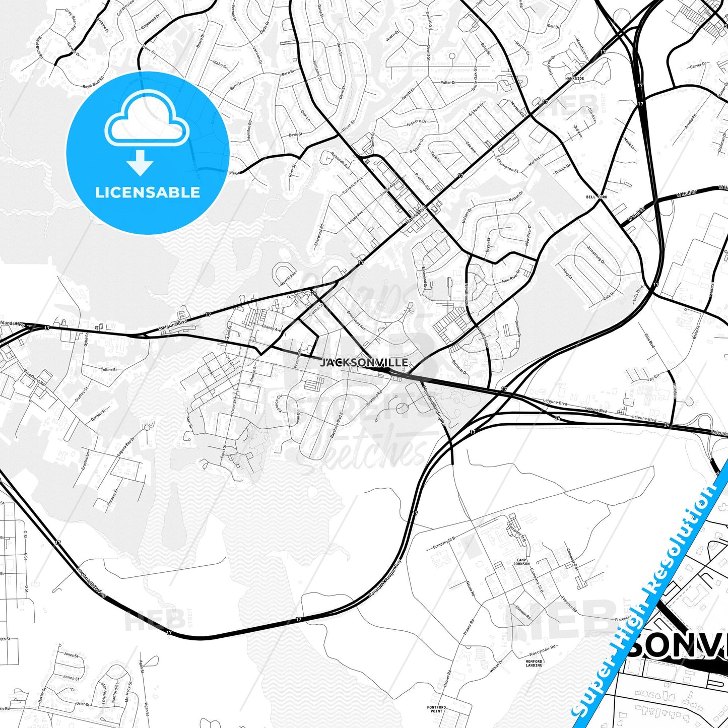 Jacksonville, North Carolina Light Map with Street Names, City Names, and Districts
