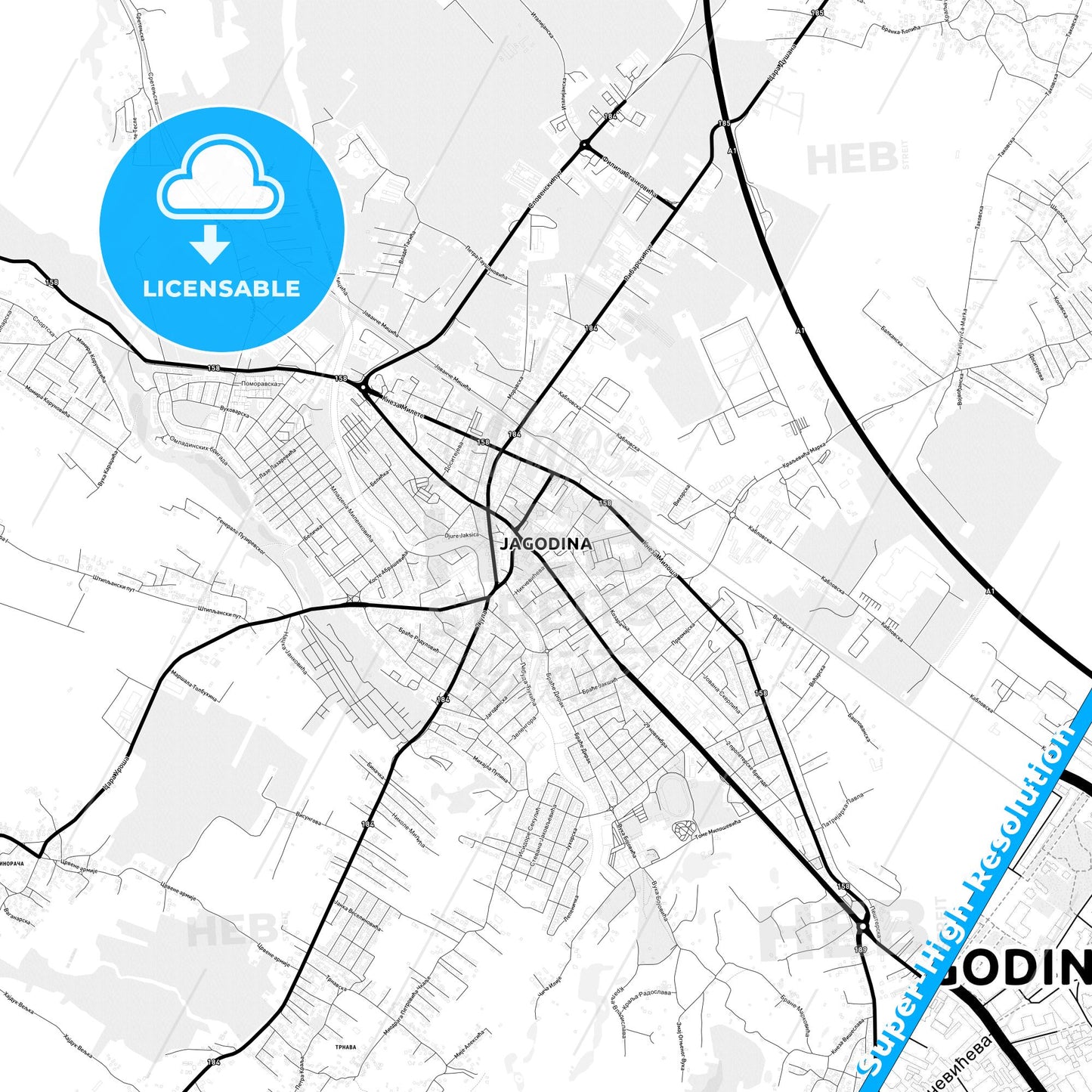 Jagodina, Serbia Light Map with Street Names, City Names, and Districts