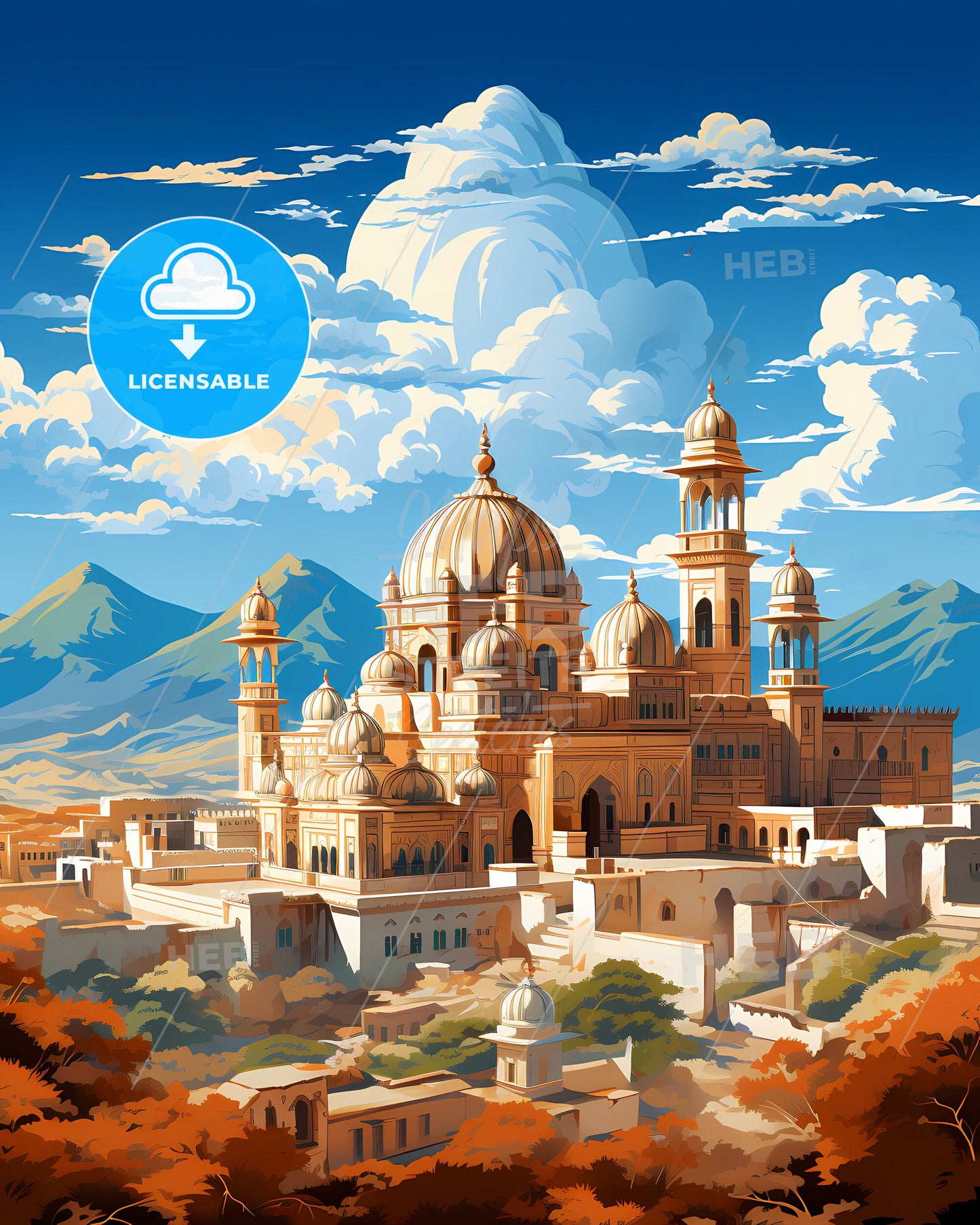 Colorful Majestic Jaipur Skyline Depicting Monumental Heritage and Mountainous Vista