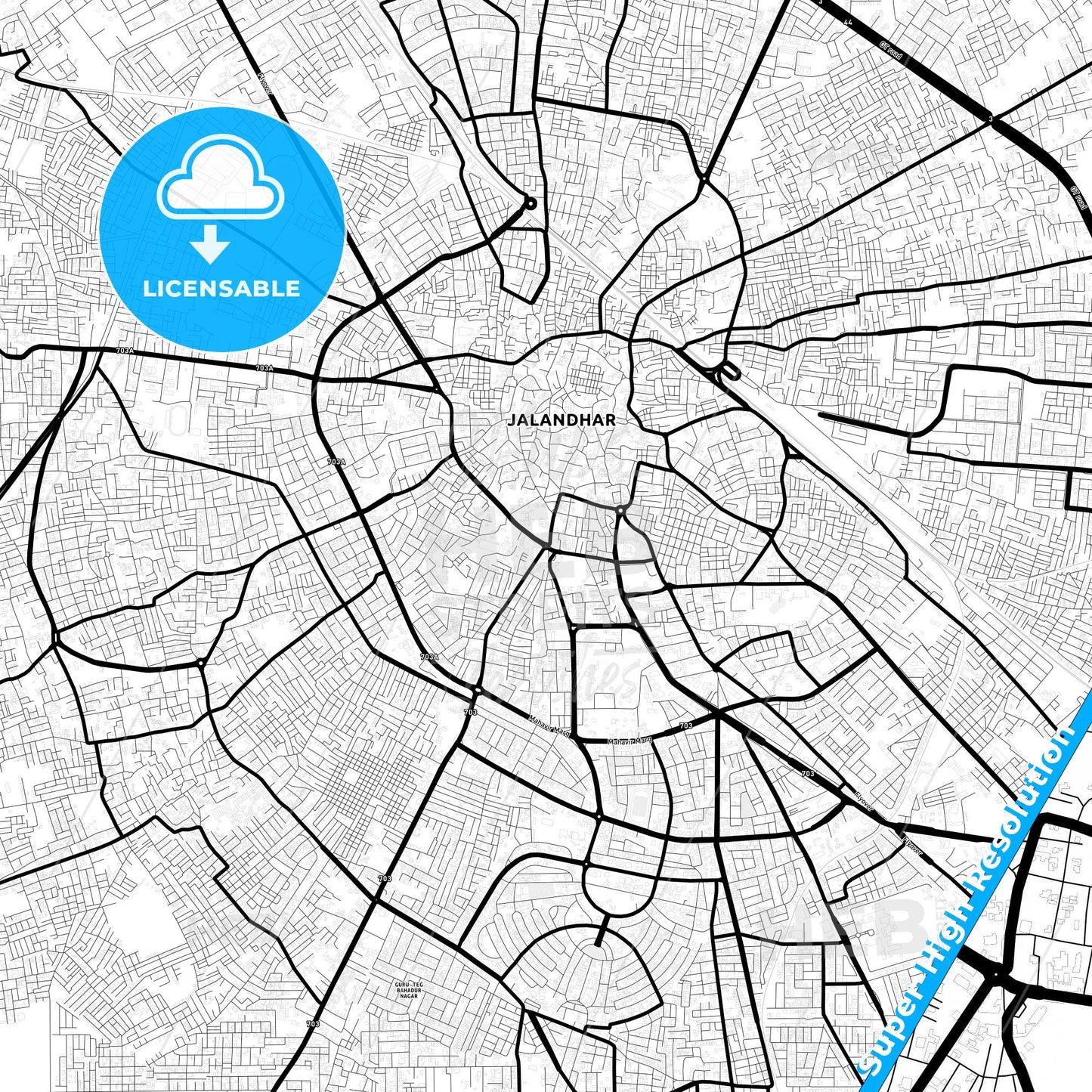 Jalandhar, India Light Map with Street Names, City Names, and Districts