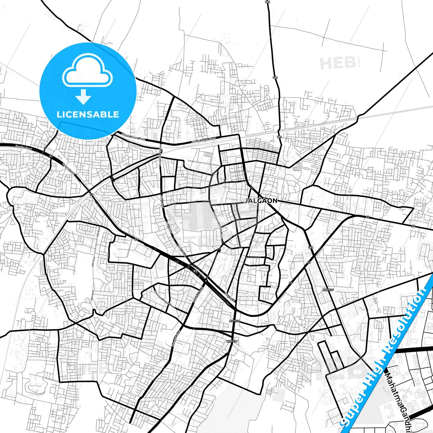 Jalgaon, India Light Map with Street Names, City Names, and Districts