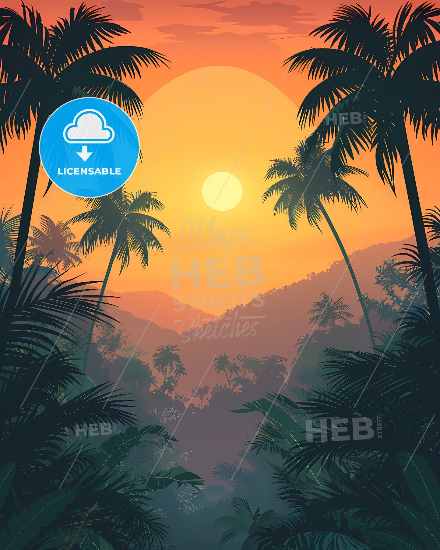 Jamaica Sunset Painting Tropical Forest Artwork Caribbean Nature