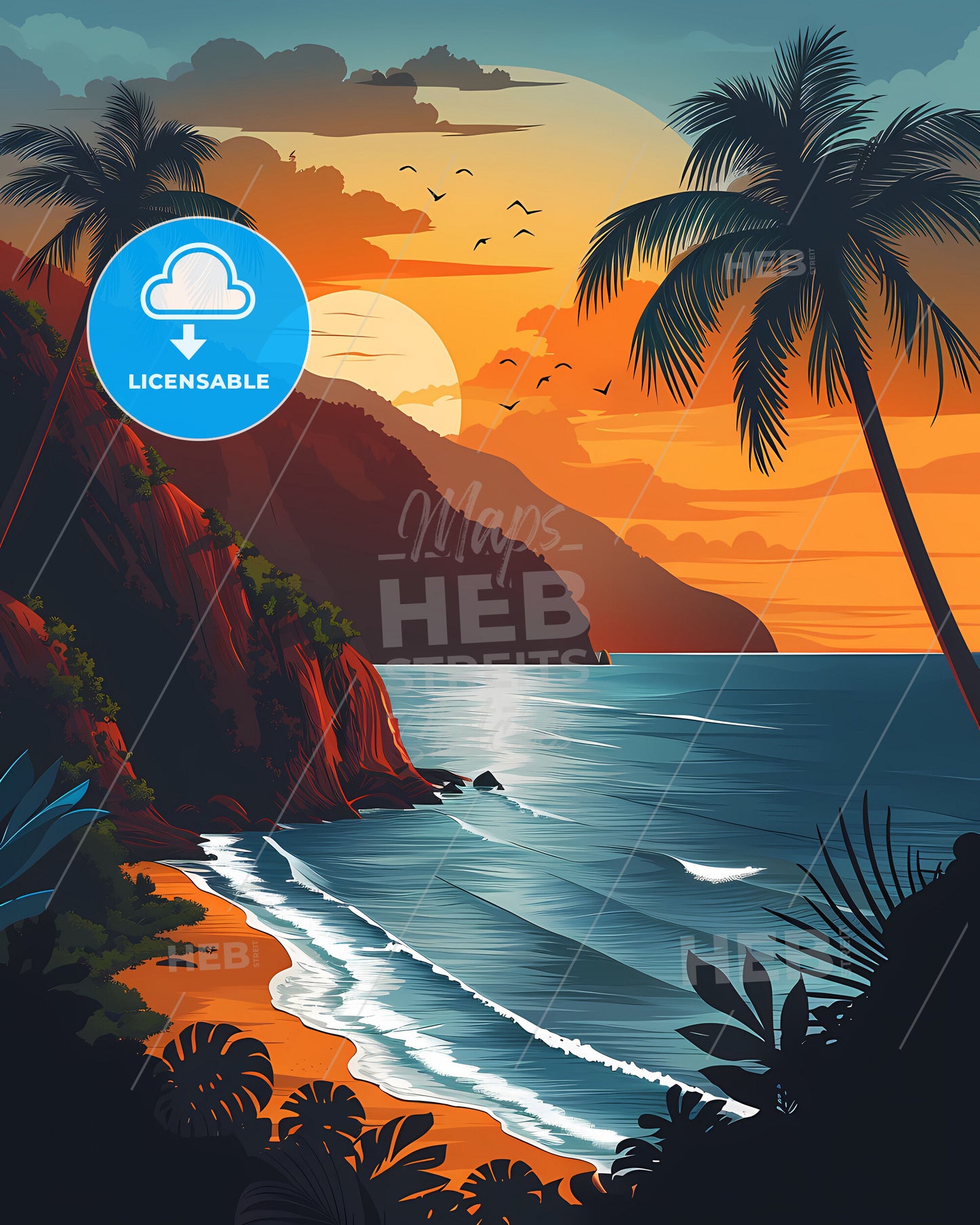 Jamaican Beach Sunset: Vibrant Painted Landscape with Palm Trees, North America