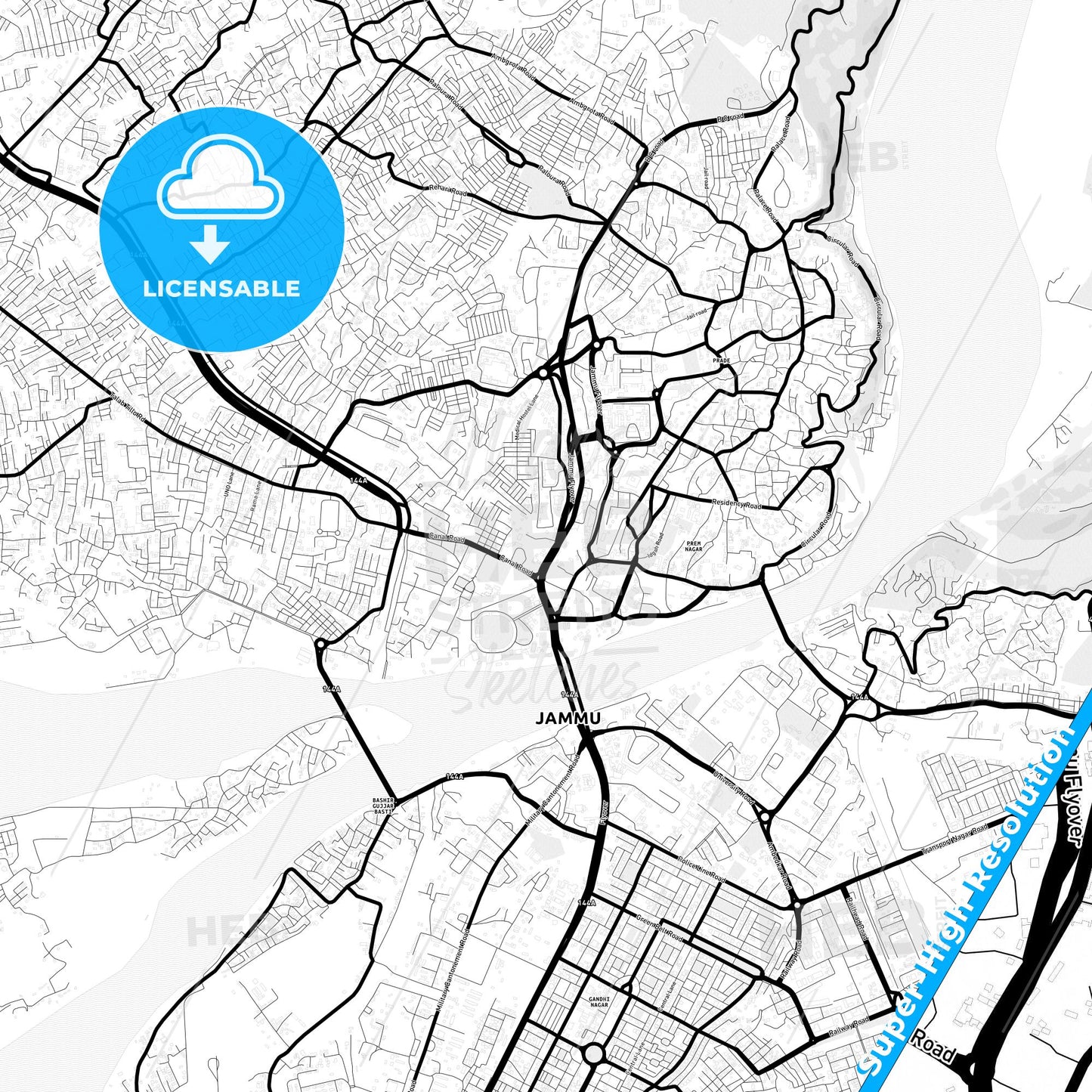 Jammu, India Light Map with Street Names, City Names, and Districts
