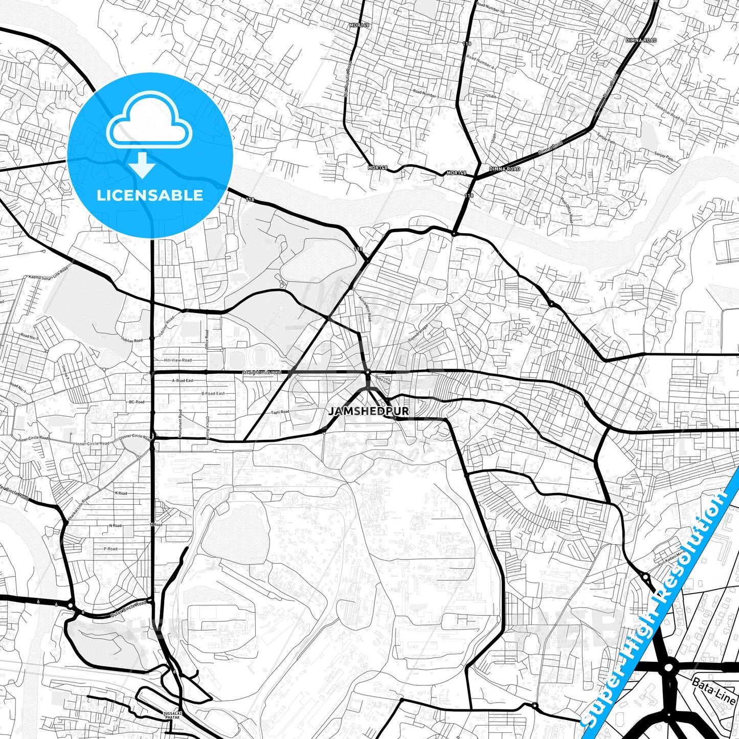 Jamshedpur, India Light Map with Street Names, City Names, and Districts