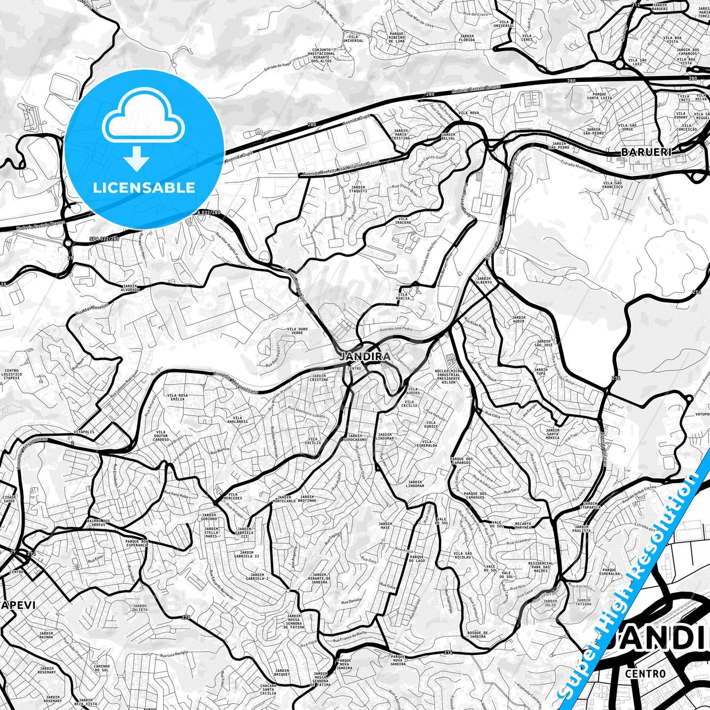 Jandira, Brazil Light Map with Street Names, City Names, and Districts