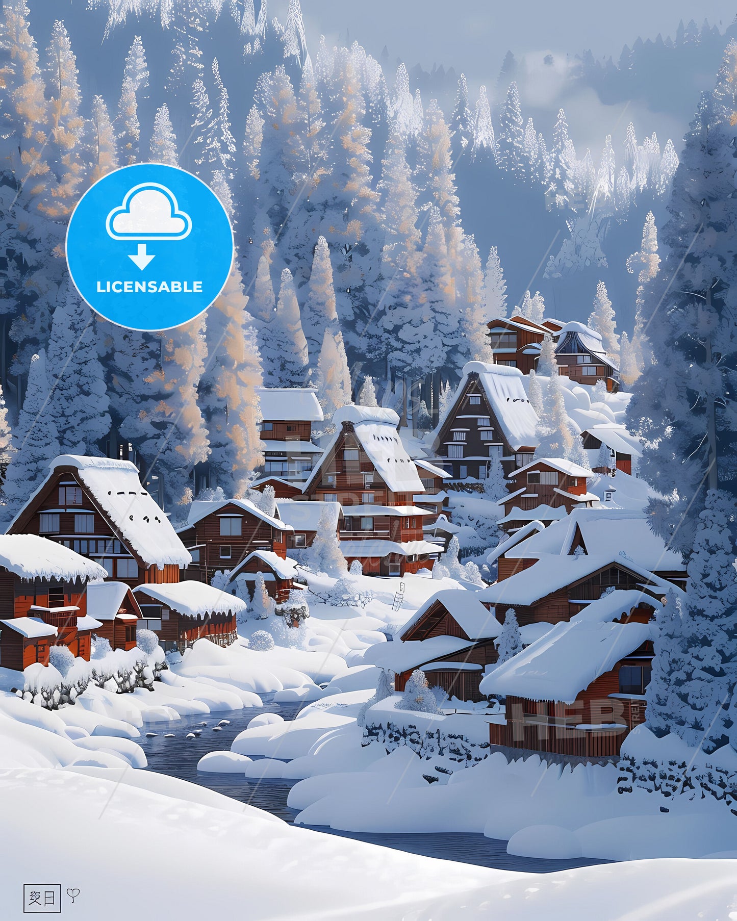 Tranquil Japanese Village: Snow-Covered Houses and Pristine Forest in Pastel Blue Sky