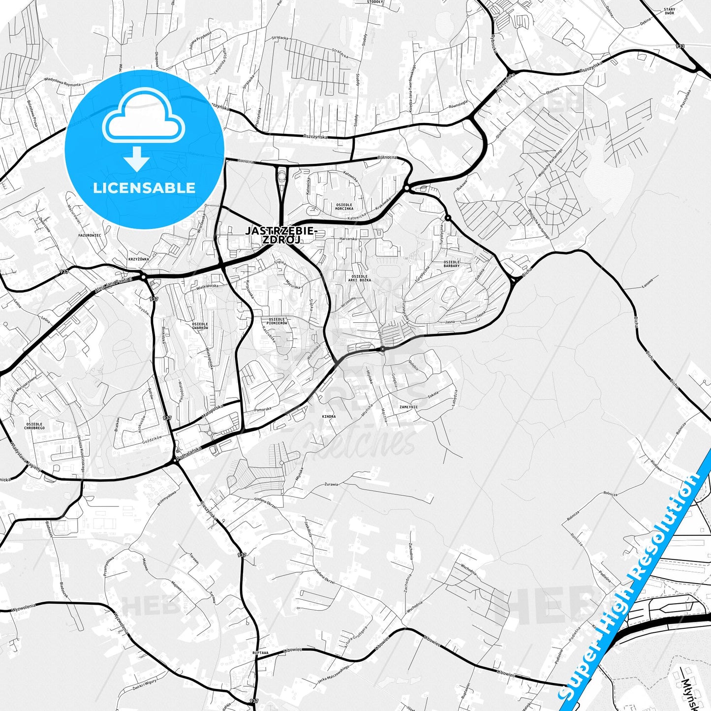 Jastrzębie Zdrój, Poland Light Map with Street Names, City Names, and Districts