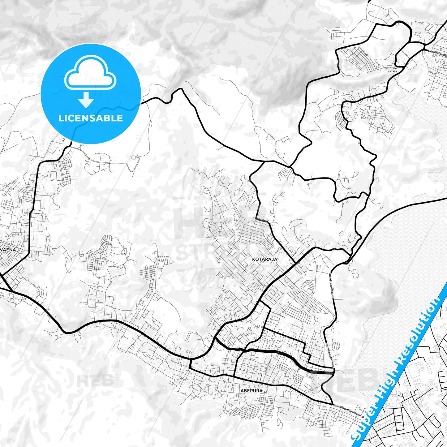 Jayapura, Indonesia Light Map with Street Names, City Names, and Districts