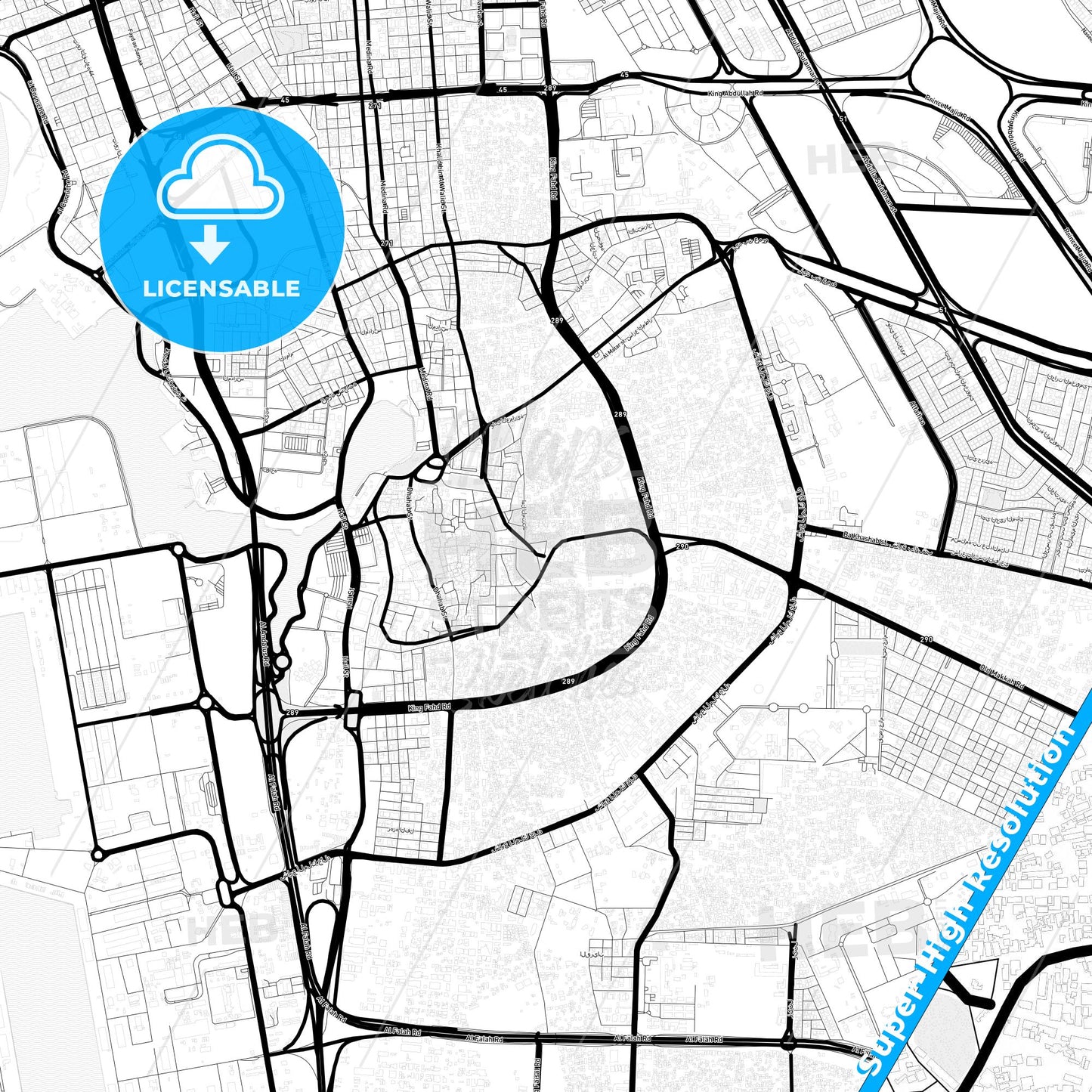 Jeddah, Saudi Arabia Light Map with Street Names, City Names, and Districts