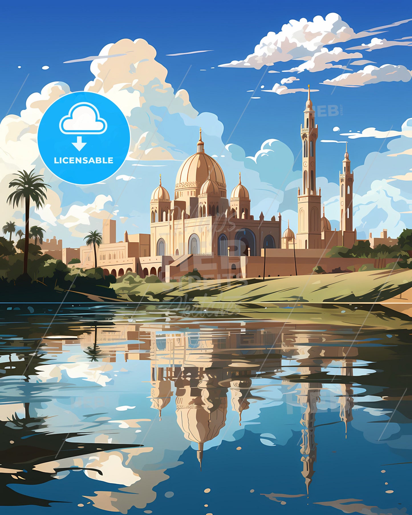 Painting of Jeddah Skyline with Building and Water in Vibrant Color