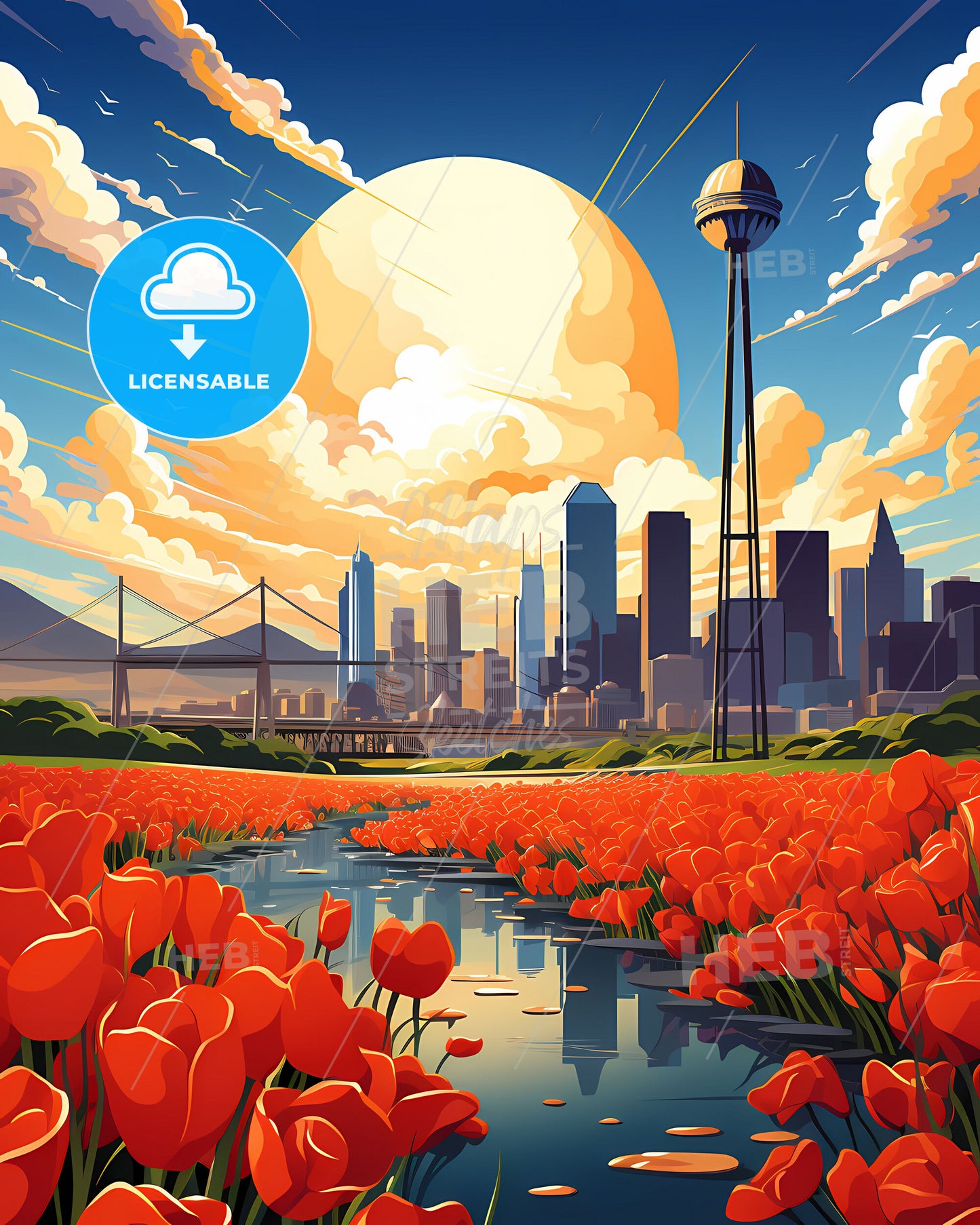 Cityscape Painting: Jeddah Skyline with Blooming River and Cityscape Background