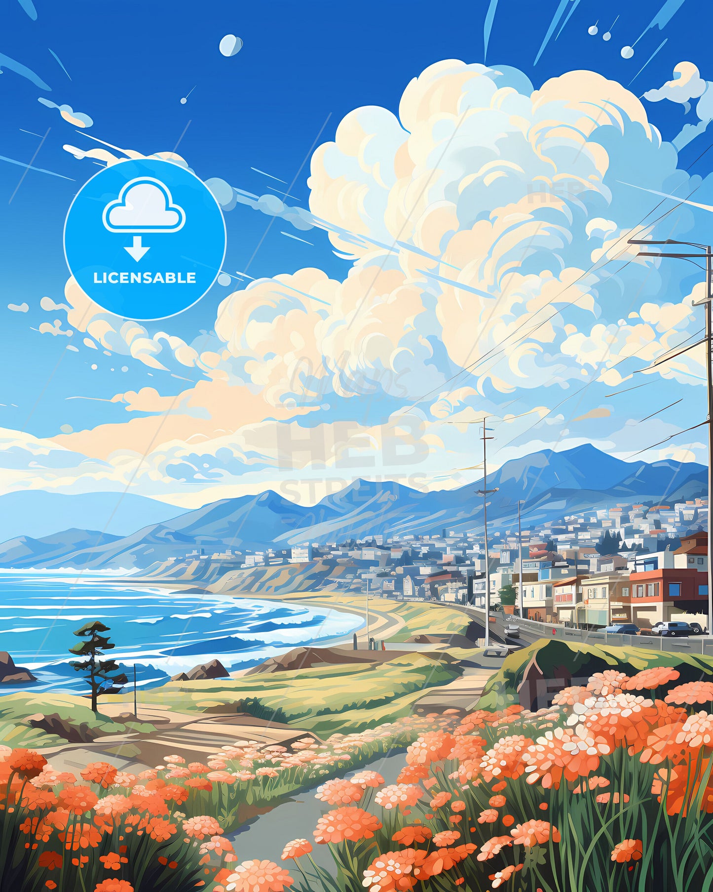 Vibrant Jeju Skyline Art: Beach and Town Landscape Painting, South Korea