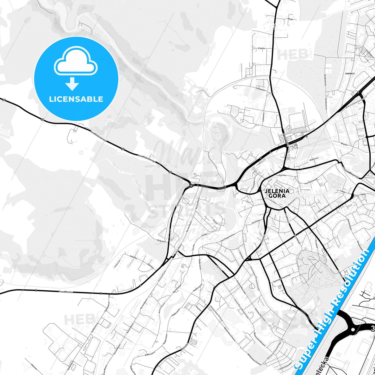 Jelenia Góra, Poland Light Map with Street Names, City Names, and Districts