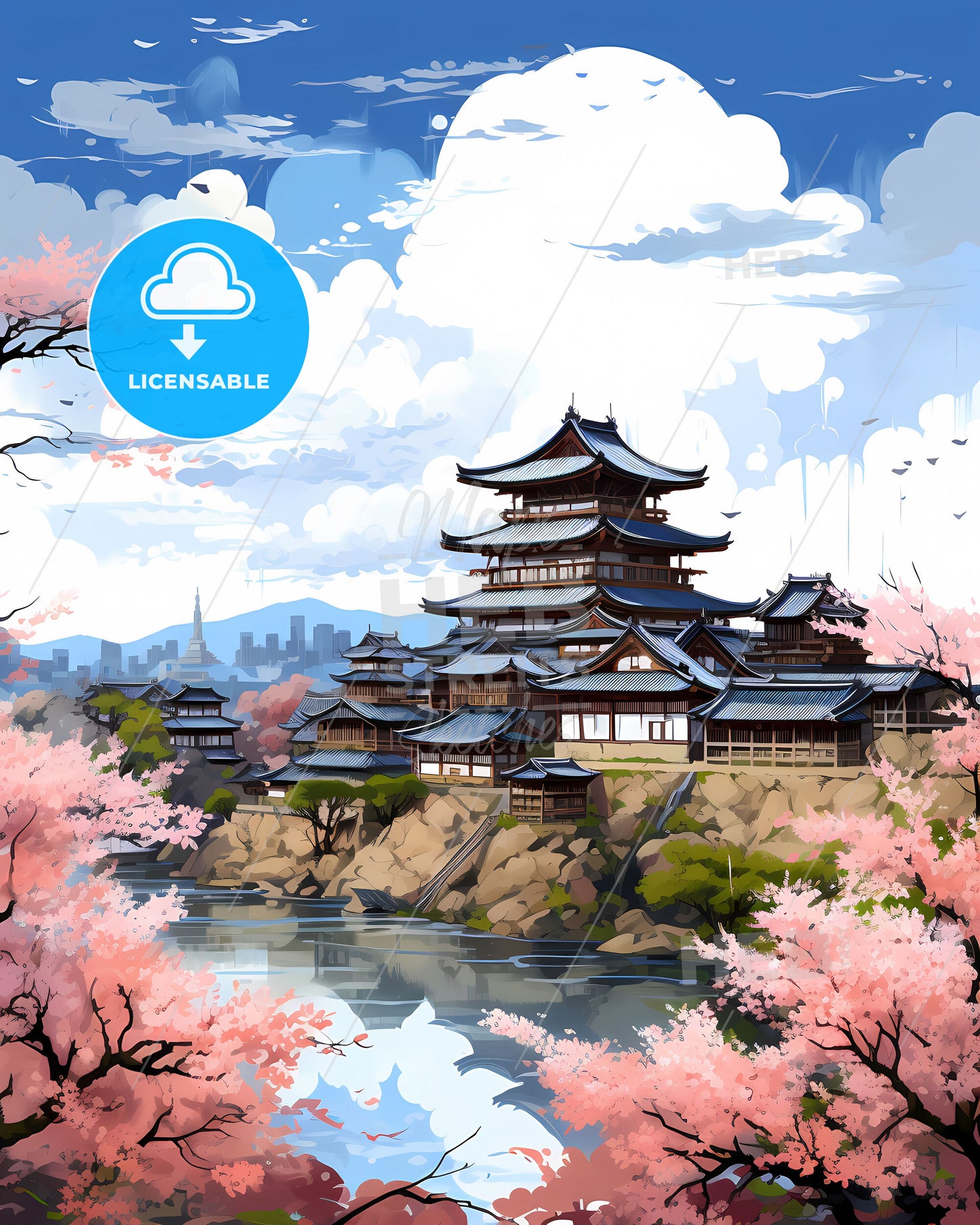 Vibrant Painting of Jeonju Skyline Featuring Building on Hill with River and Trees