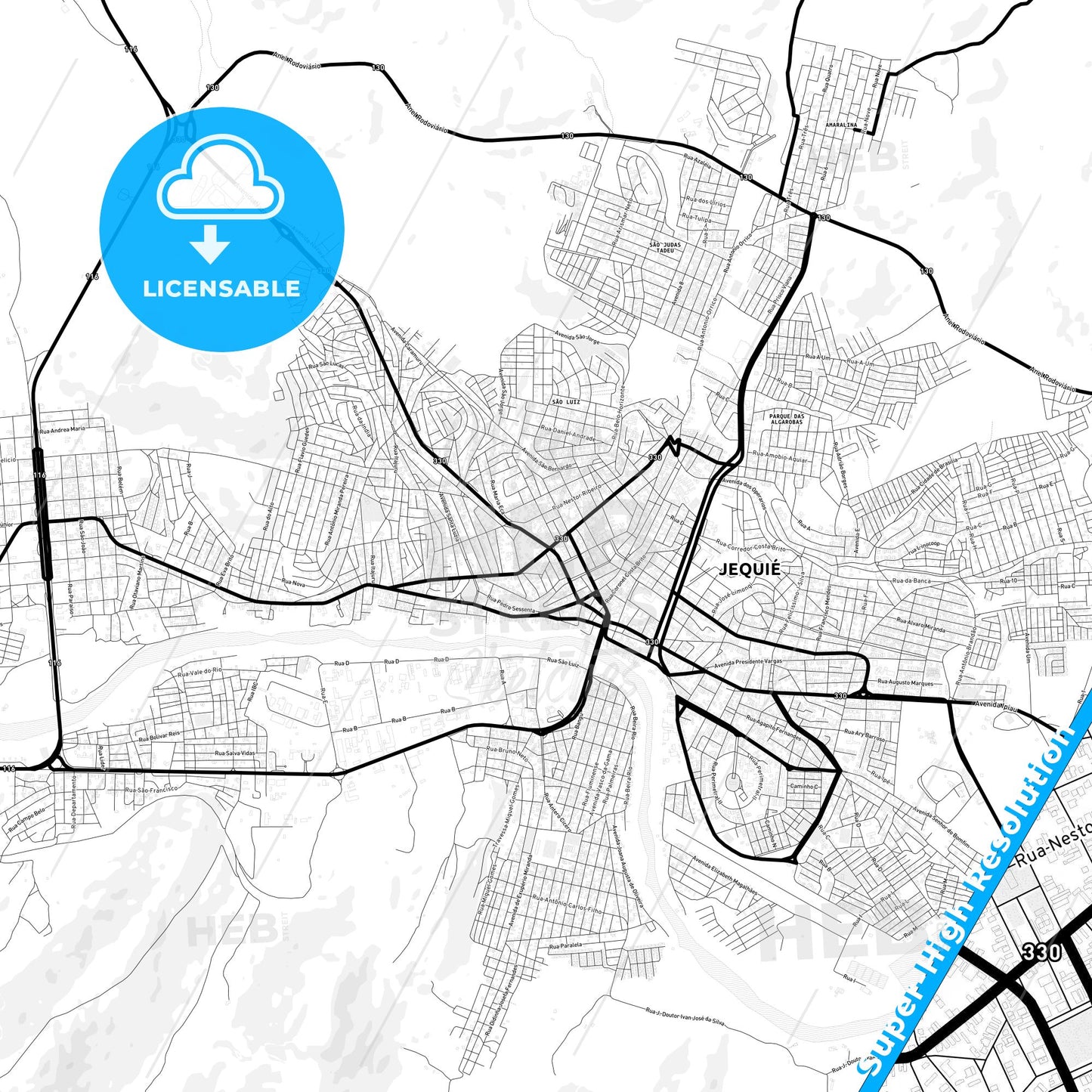 Jequie, Brazil Light Map with Street Names, City Names, and Districts
