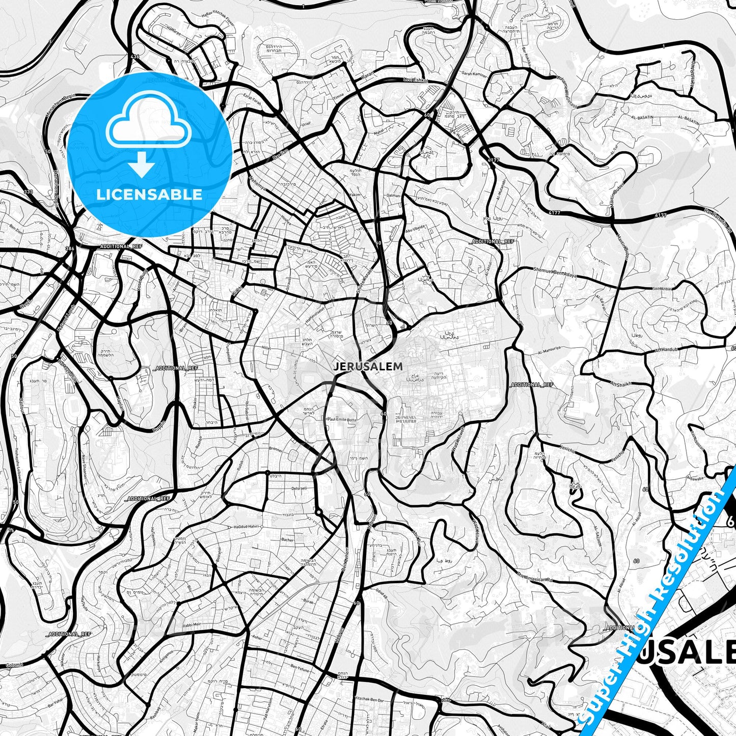 Jerusalem, Israel Light Map with Street Names, City Names, and Districts