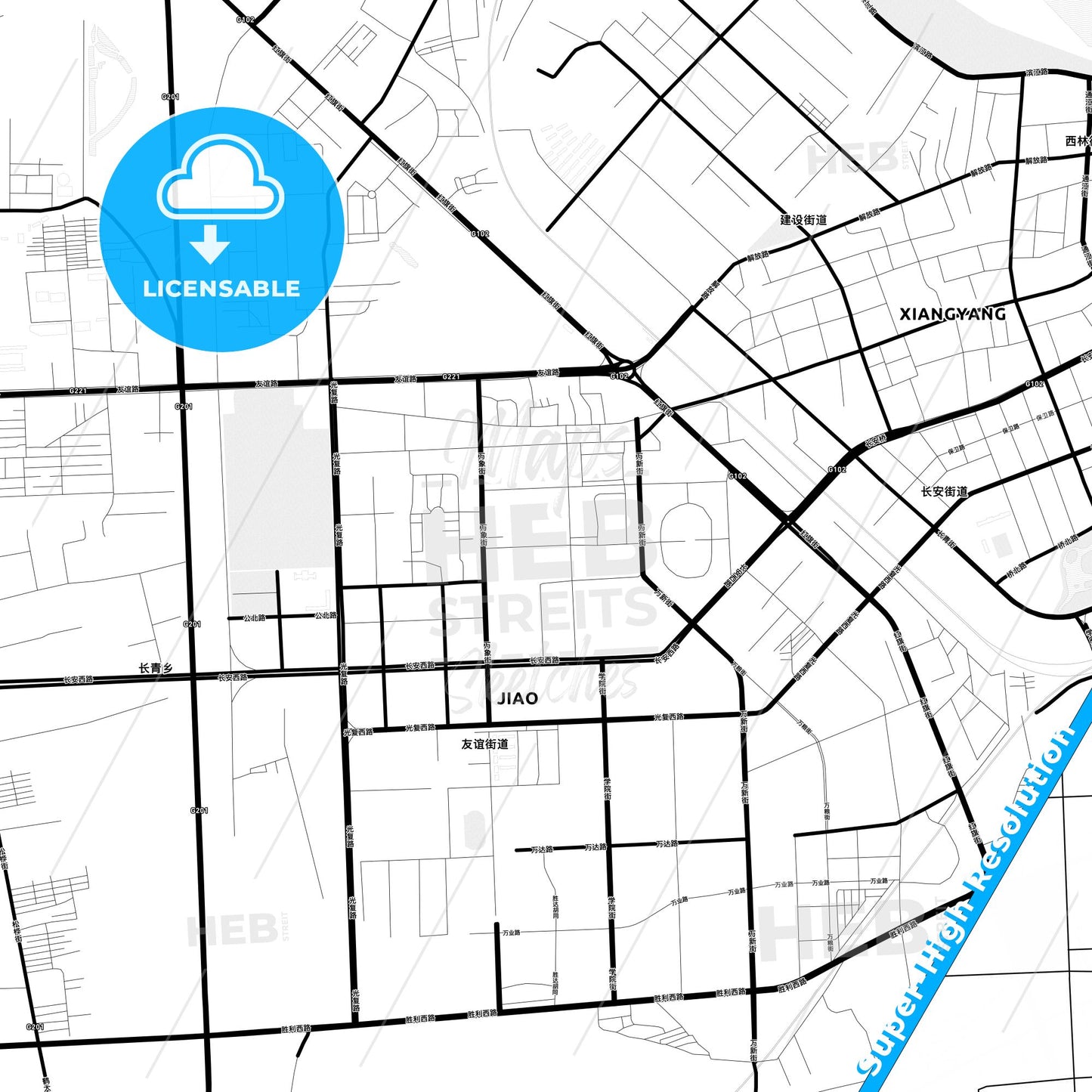 Jiamusi, China Light Map with Street Names, City Names, and Districts