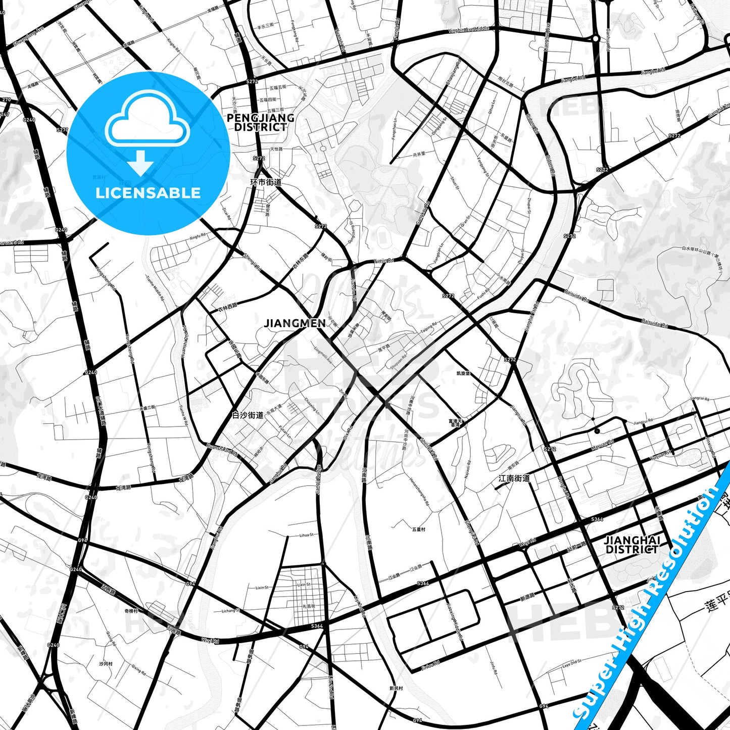 Jiangmen, China Light Map with Street Names, City Names, and Districts