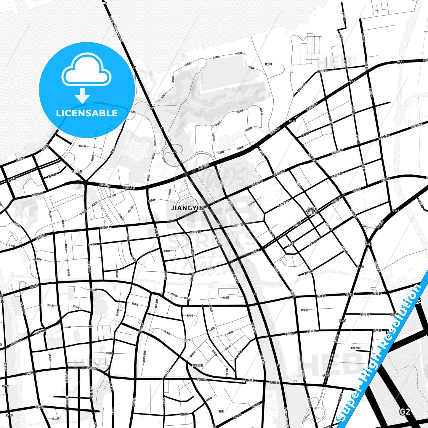 Jiangyin, China Light Map with Street Names, City Names, and Districts