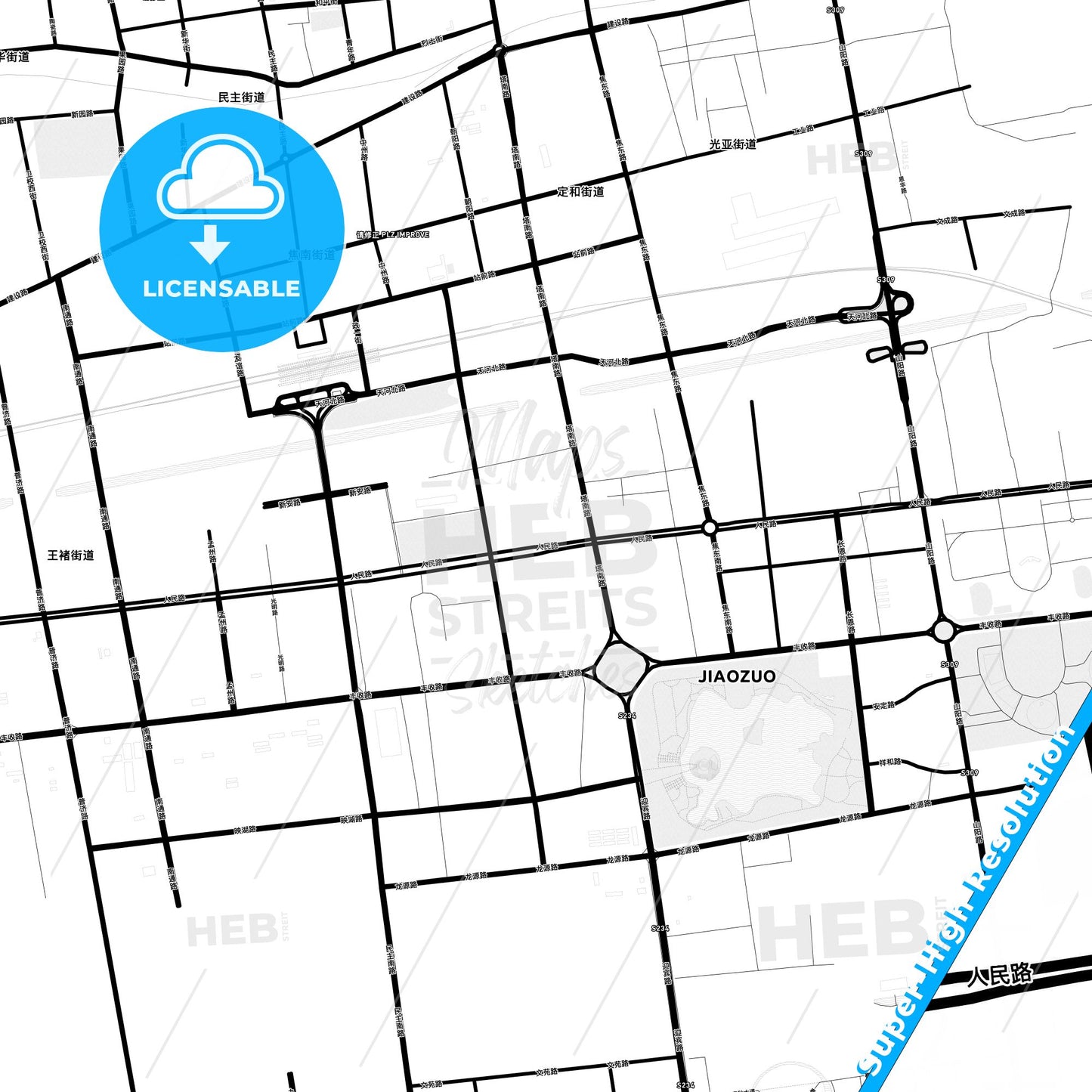 Jiaozuo, China Light Map with Street Names, City Names, and Districts