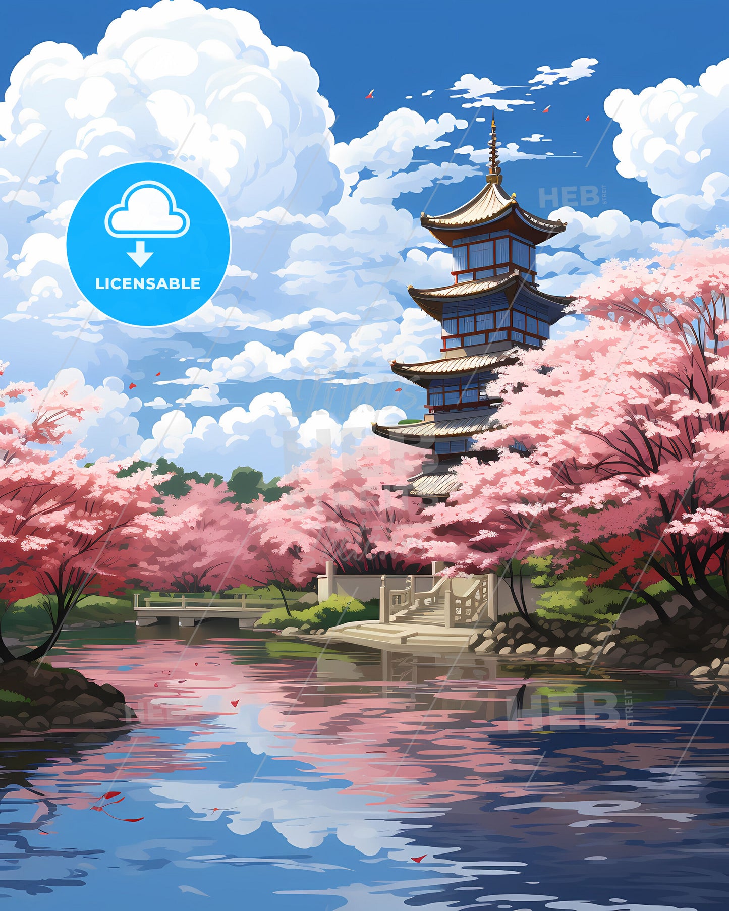 Jiaxing Cityscape Featuring a Pagoda, Lush Pink Flowers, and Picturesque Waterway