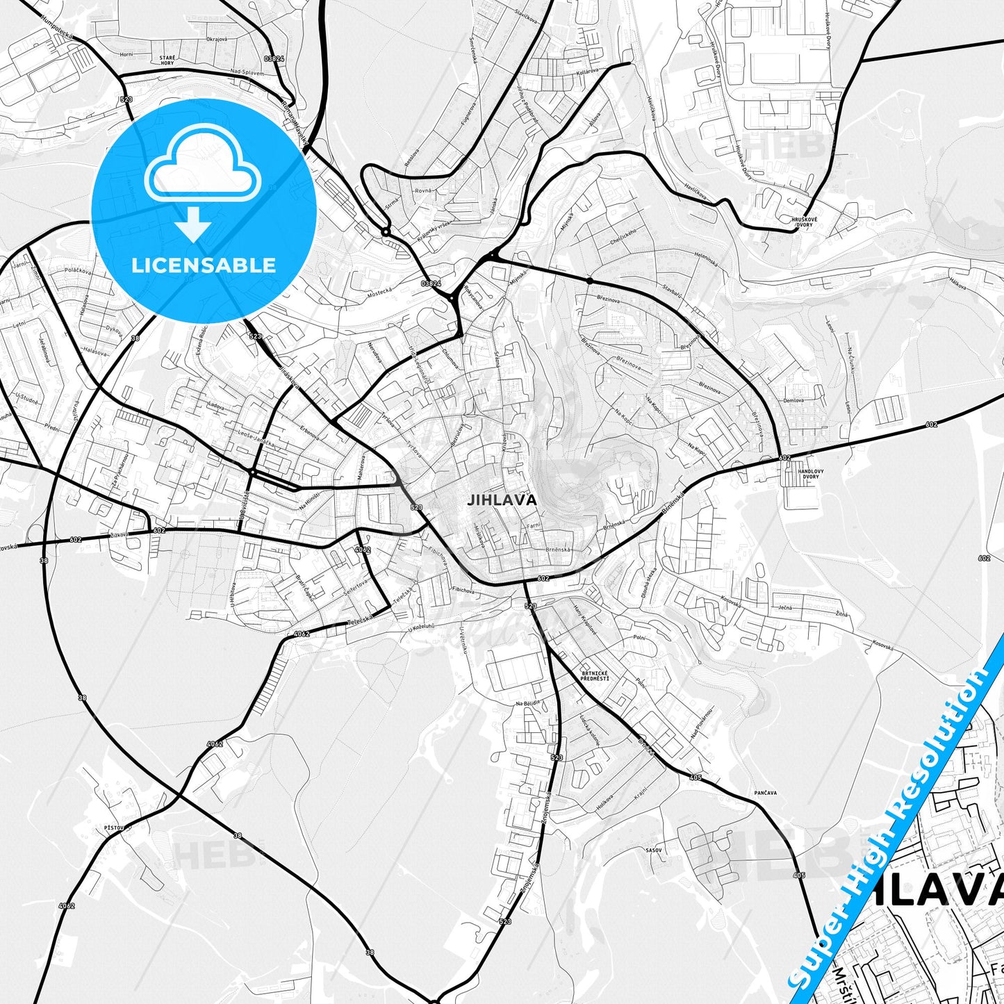 Jihlava, Czechia Light Map with Street Names, City Names, and Districts