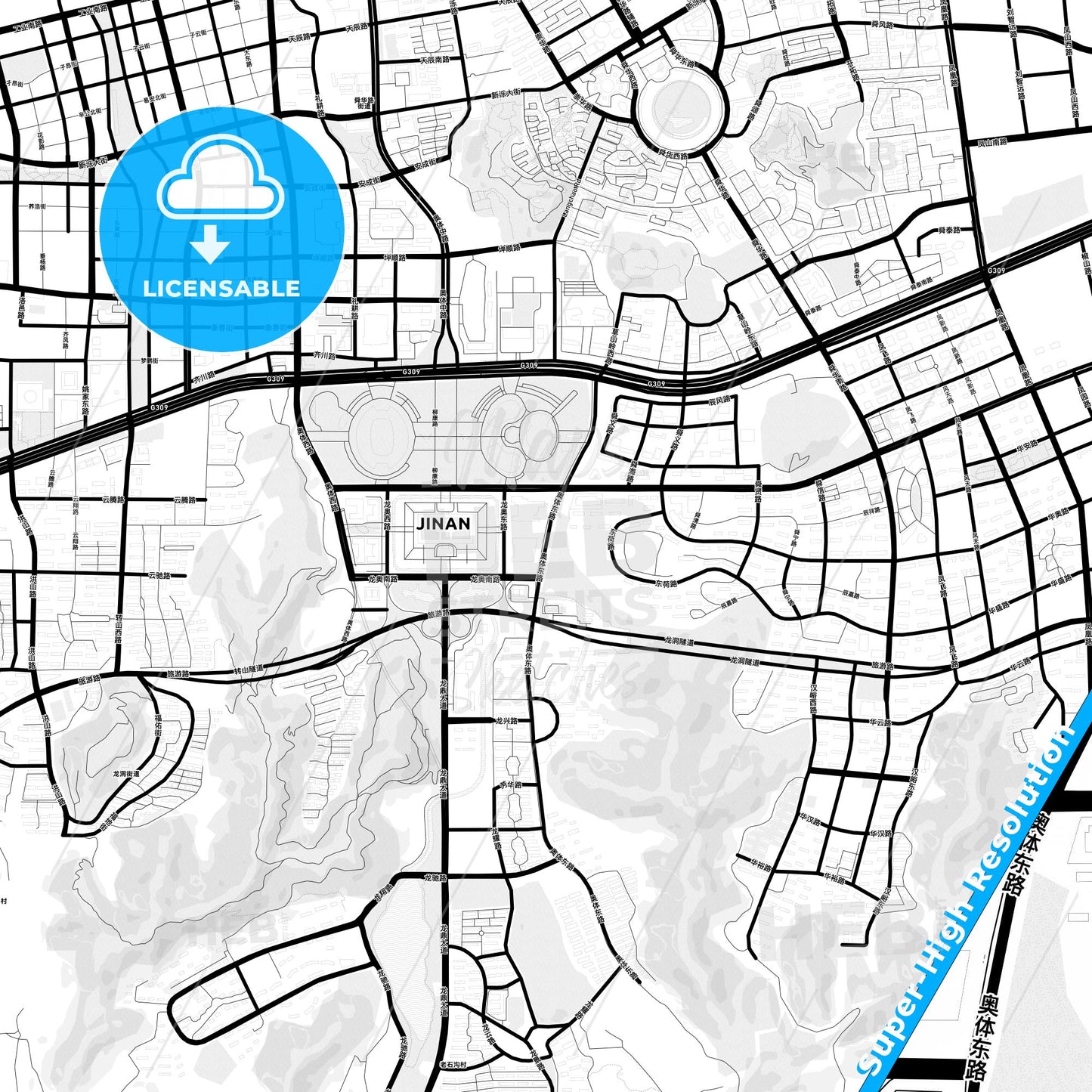 Jinan, China Light Map with Street Names, City Names, and Districts