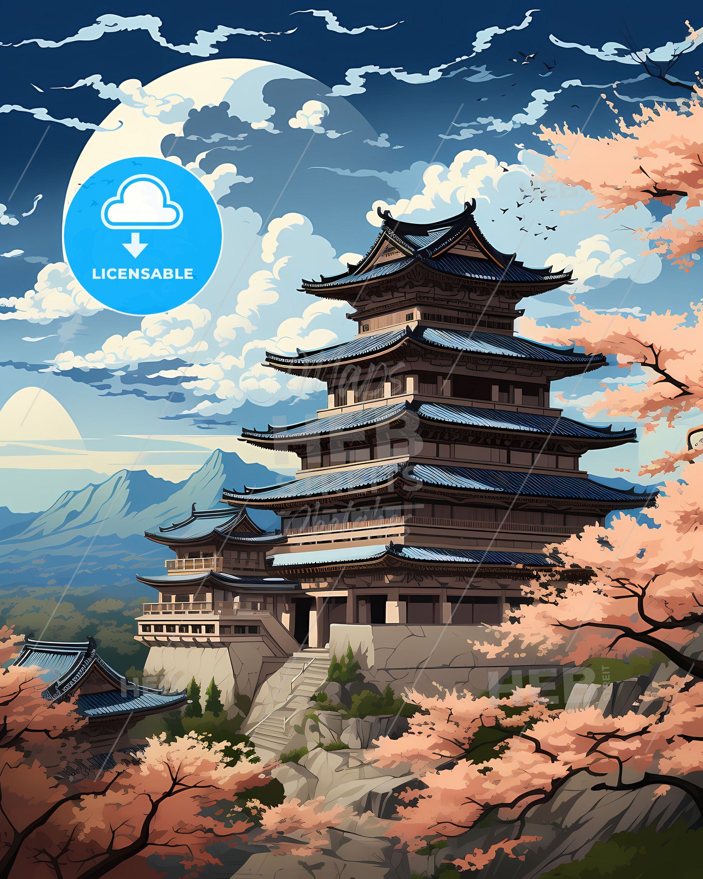 Jinan China Skyline, Traditional Pagoda, Cherry Blossoms, Asian Art Painting, Buildings