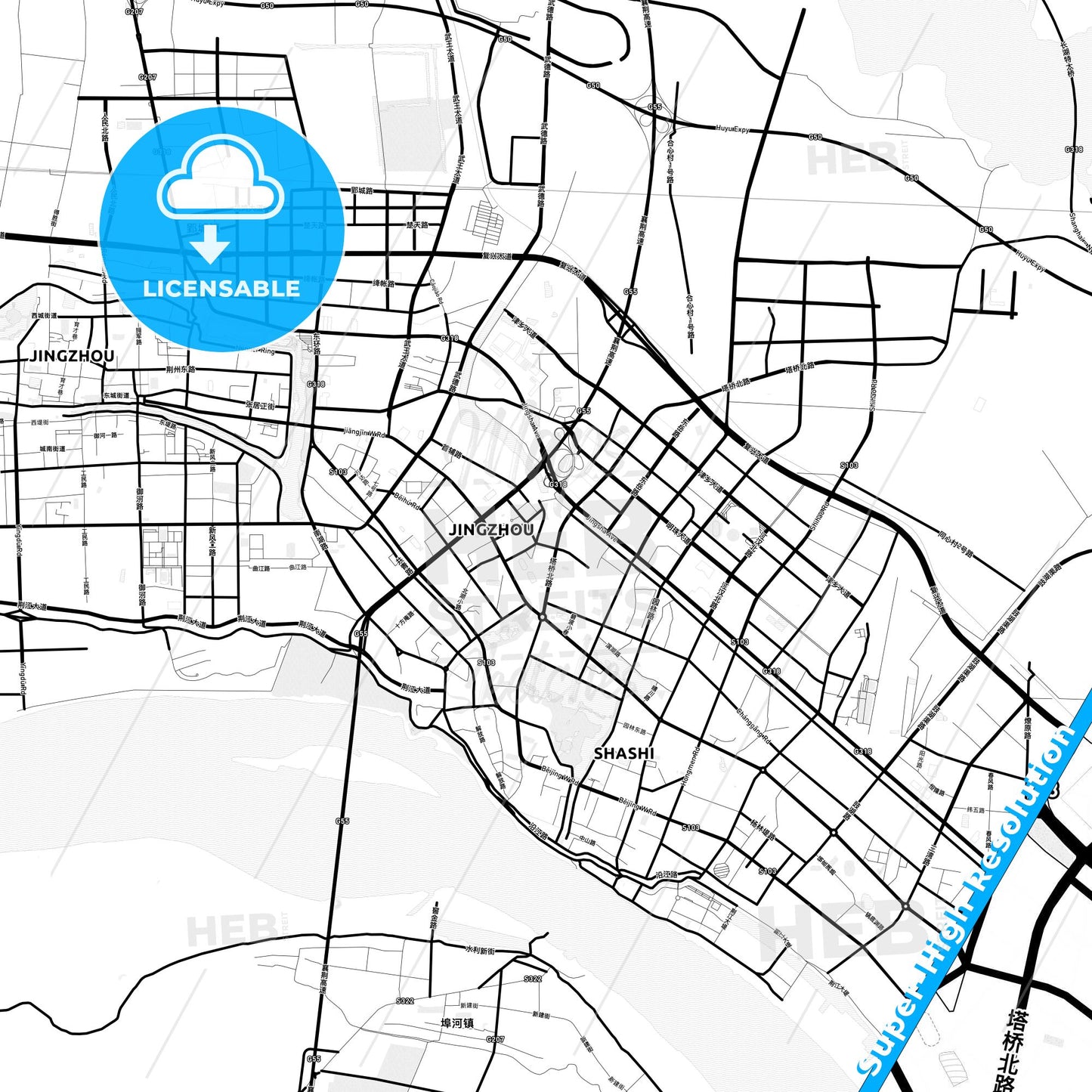 Jingzhou, China Light Map with Street Names, City Names, and Districts