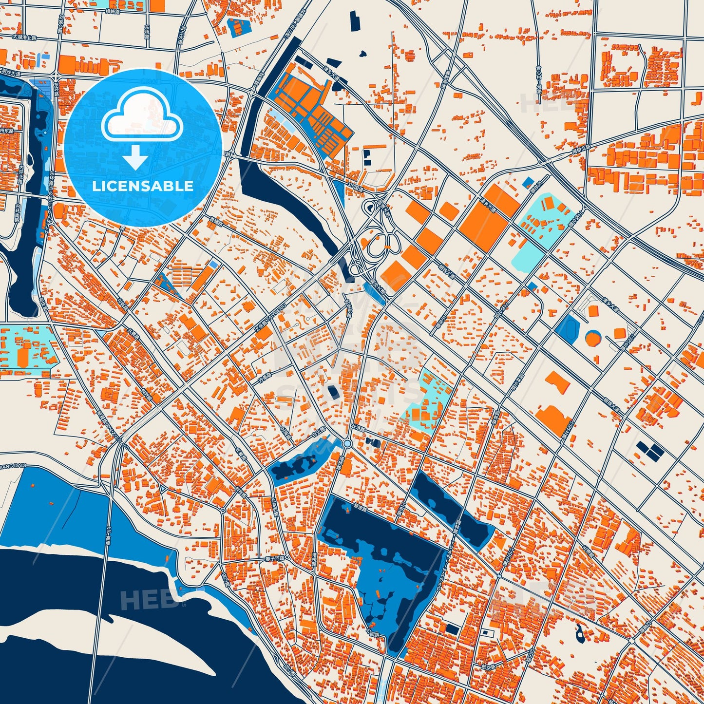 Colorful Jingzhou Street Map with Labels and Buildings