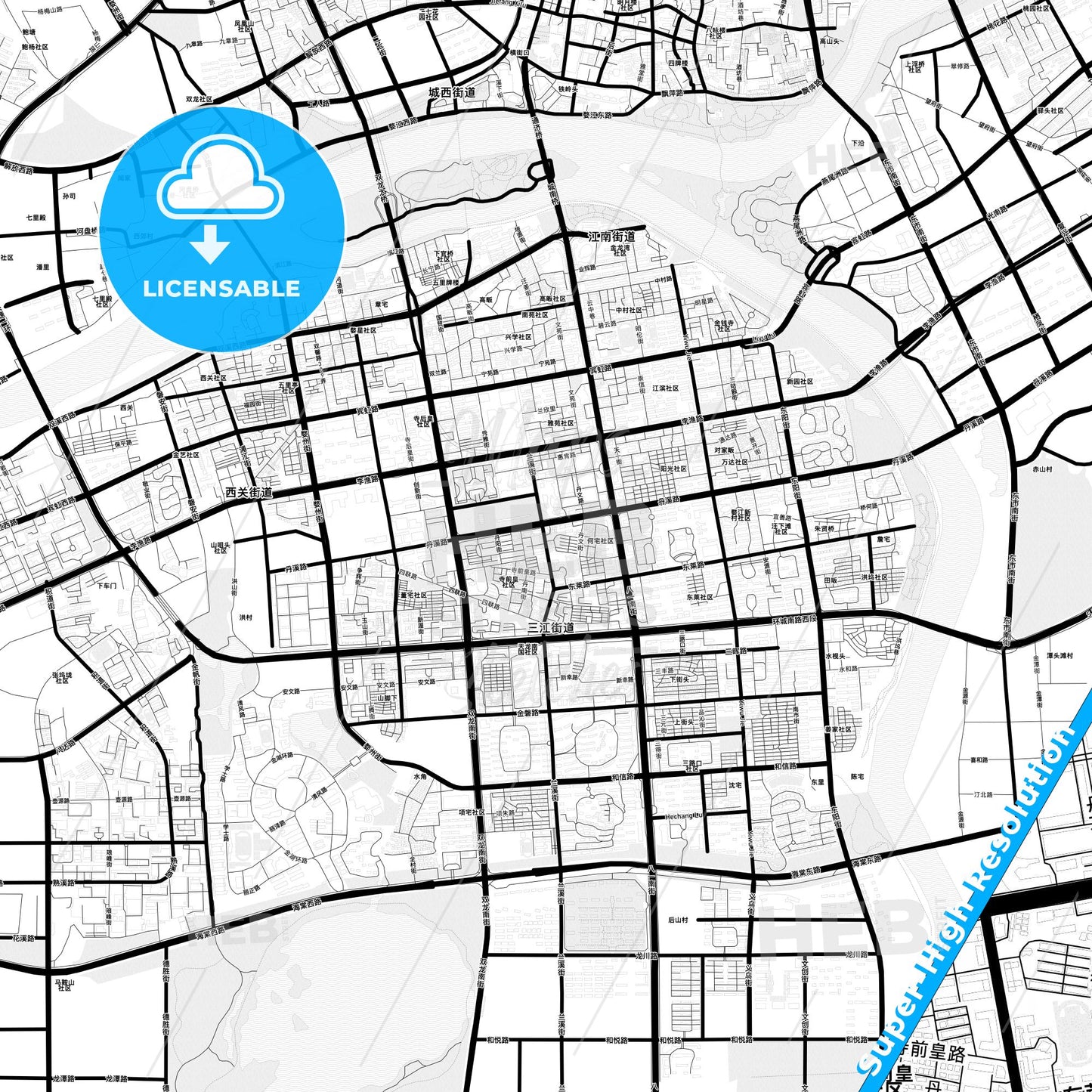 Jinhua, China Light Map with Street Names, City Names, and Districts