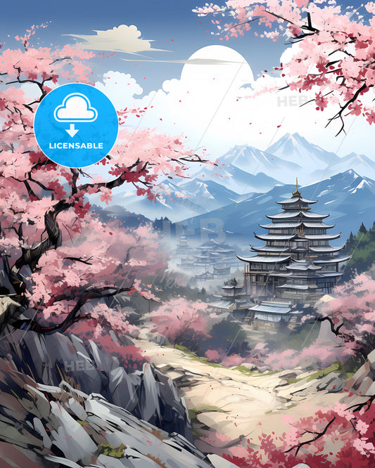 Panoramic landscape painting of Jinhua skyline showcasing pagoda mountains and blooming pink blossoms in an artistic style