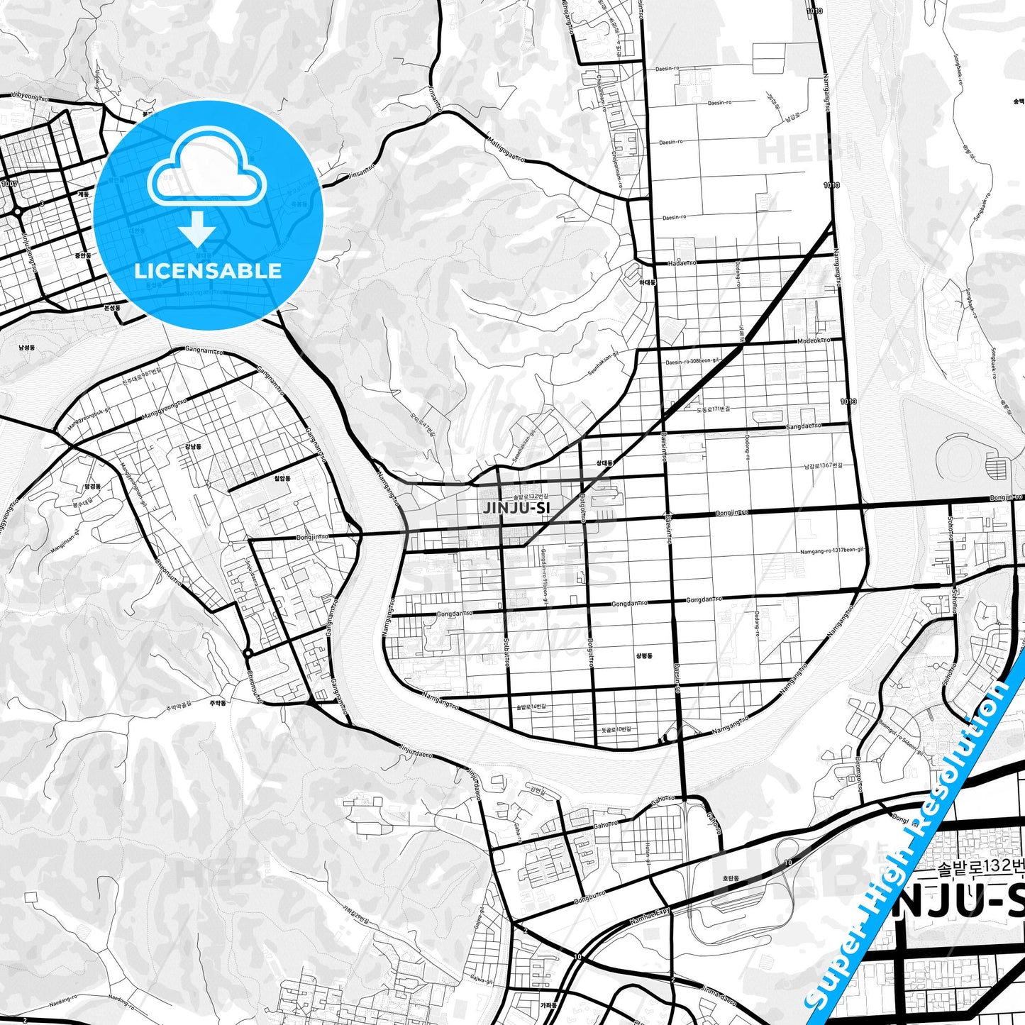 Jinju, South Korea Light Map with Street Names, City Names, and Districts