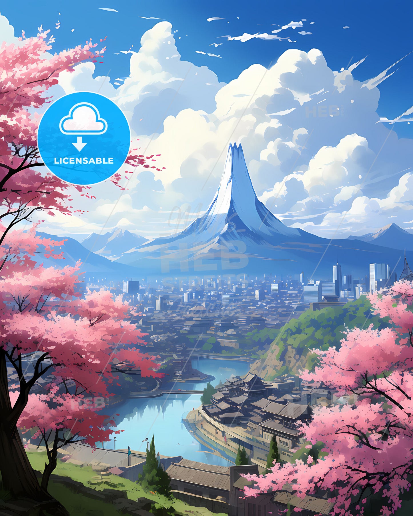 Jinju Cityscape Painting I Pink Cherry Blossoms I River I Korean Art I Urban Landscape