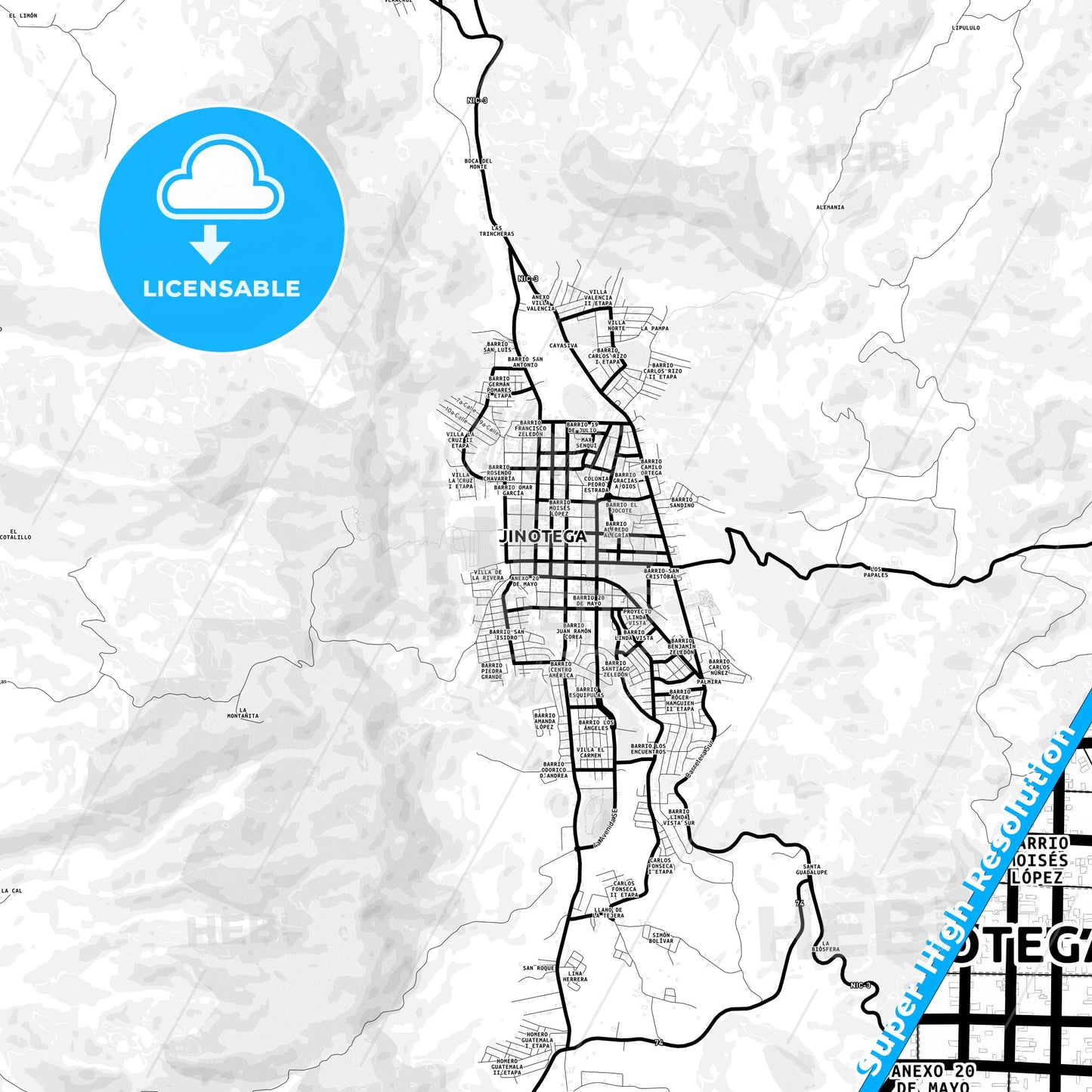 Jinotega, Nicaragua Light Map with Street Names, City Names, and Districts