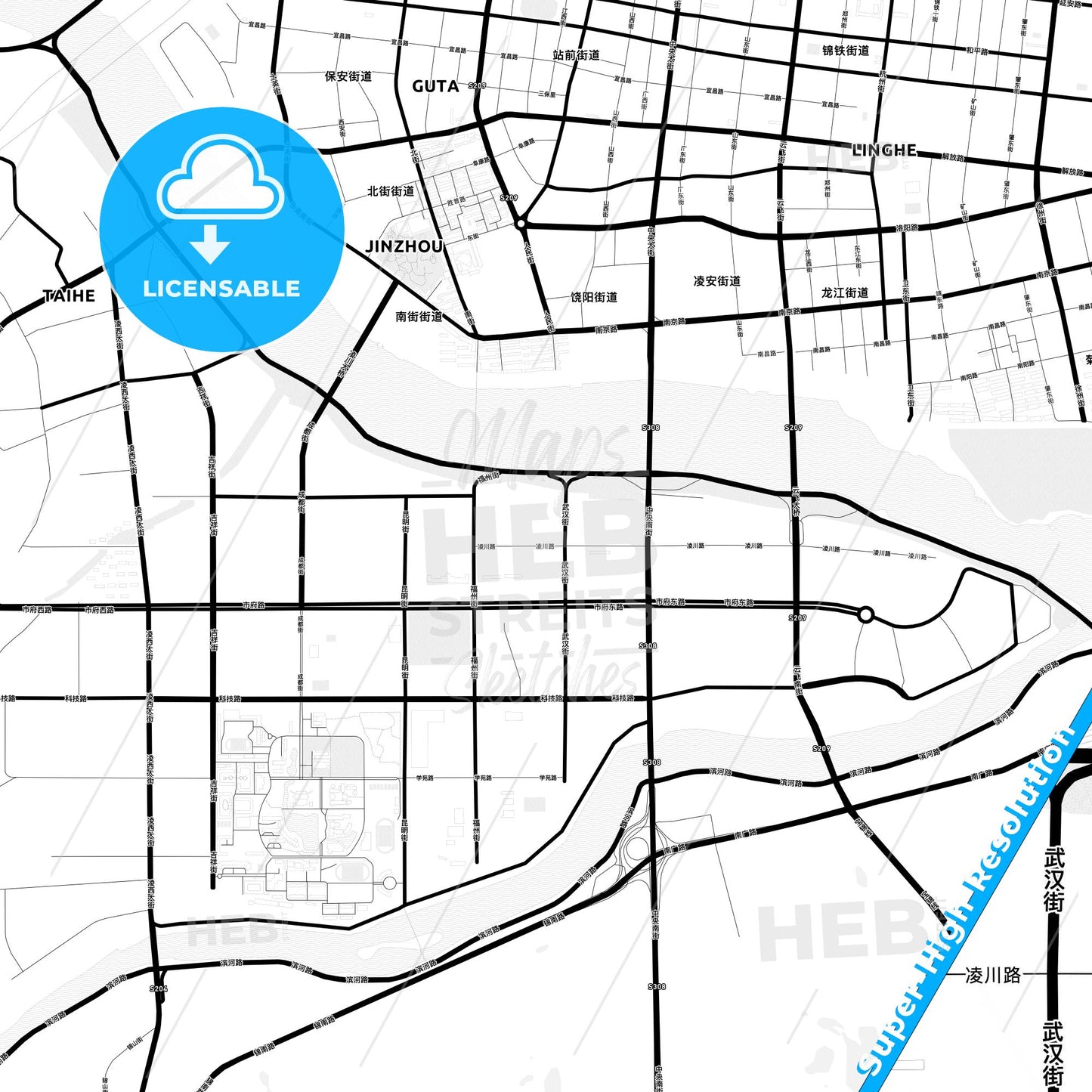 Jinzhou, China Light Map with Street Names, City Names, and Districts