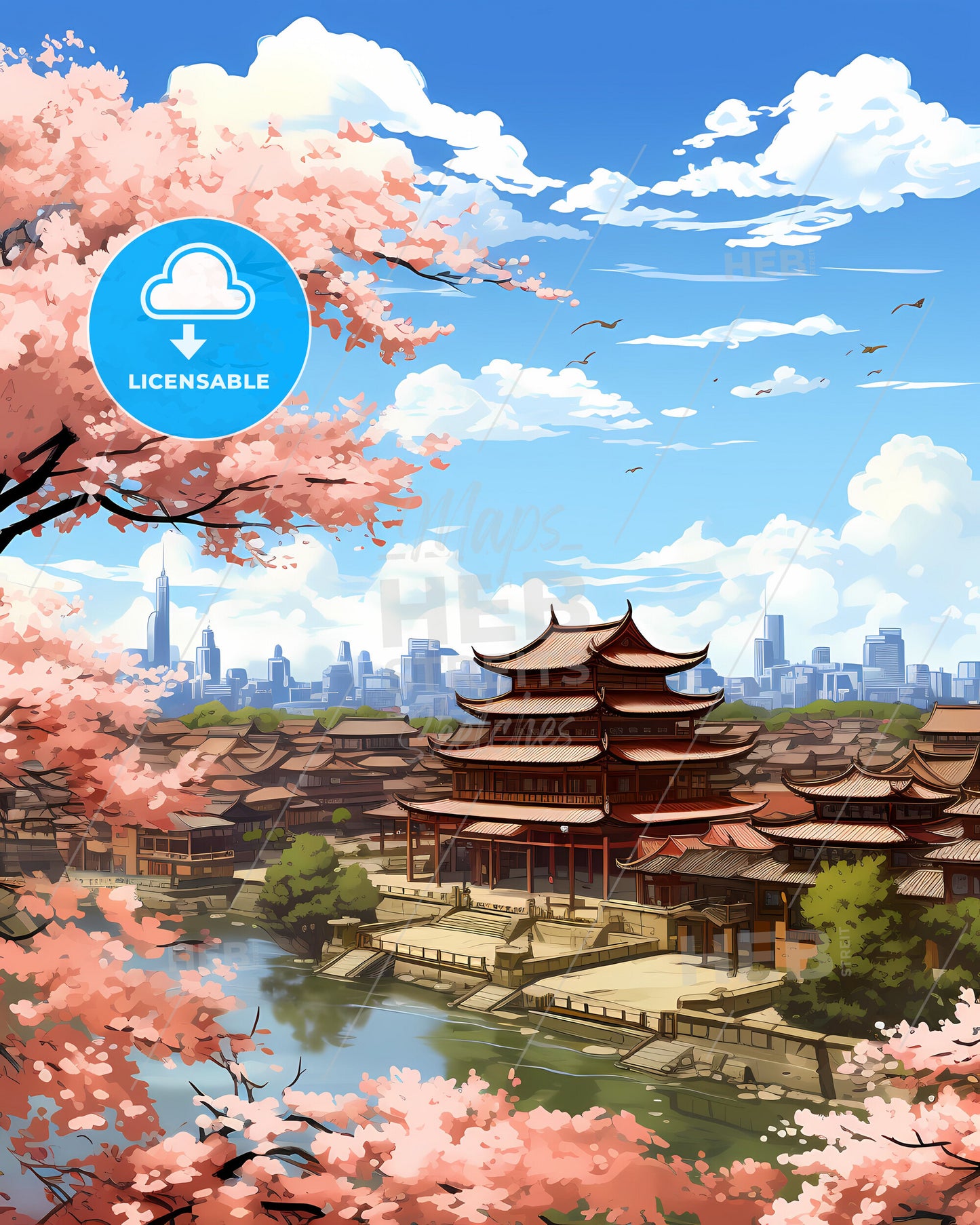 Vibrant Art Painting of Jinzhou, China's Skyline with River Banks and Lush Trees