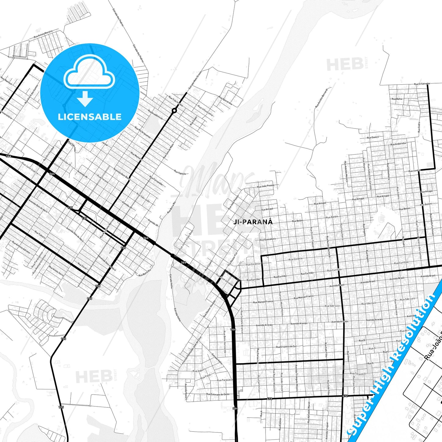 Ji Parana, Brazil Light Map with Street Names, City Names, and Districts