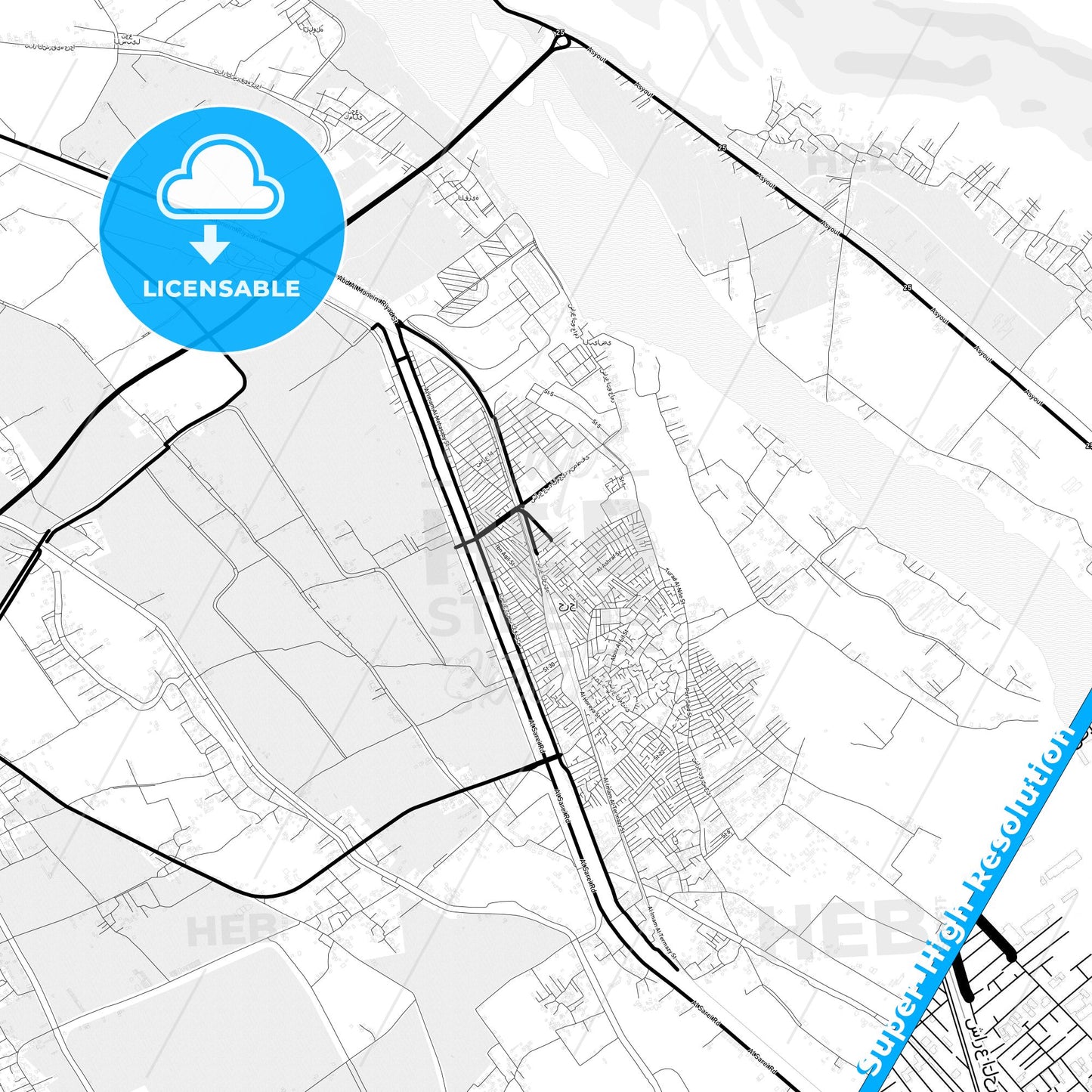 Jirja, Egypt Light Map with Street Names, City Names, and Districts