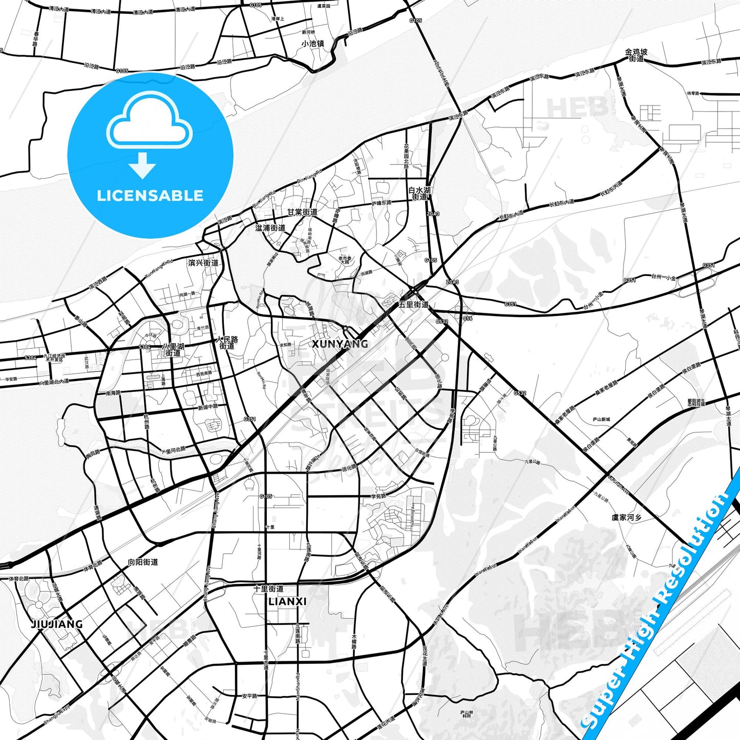 Jiujiang, China Light Map with Street Names, City Names, and Districts