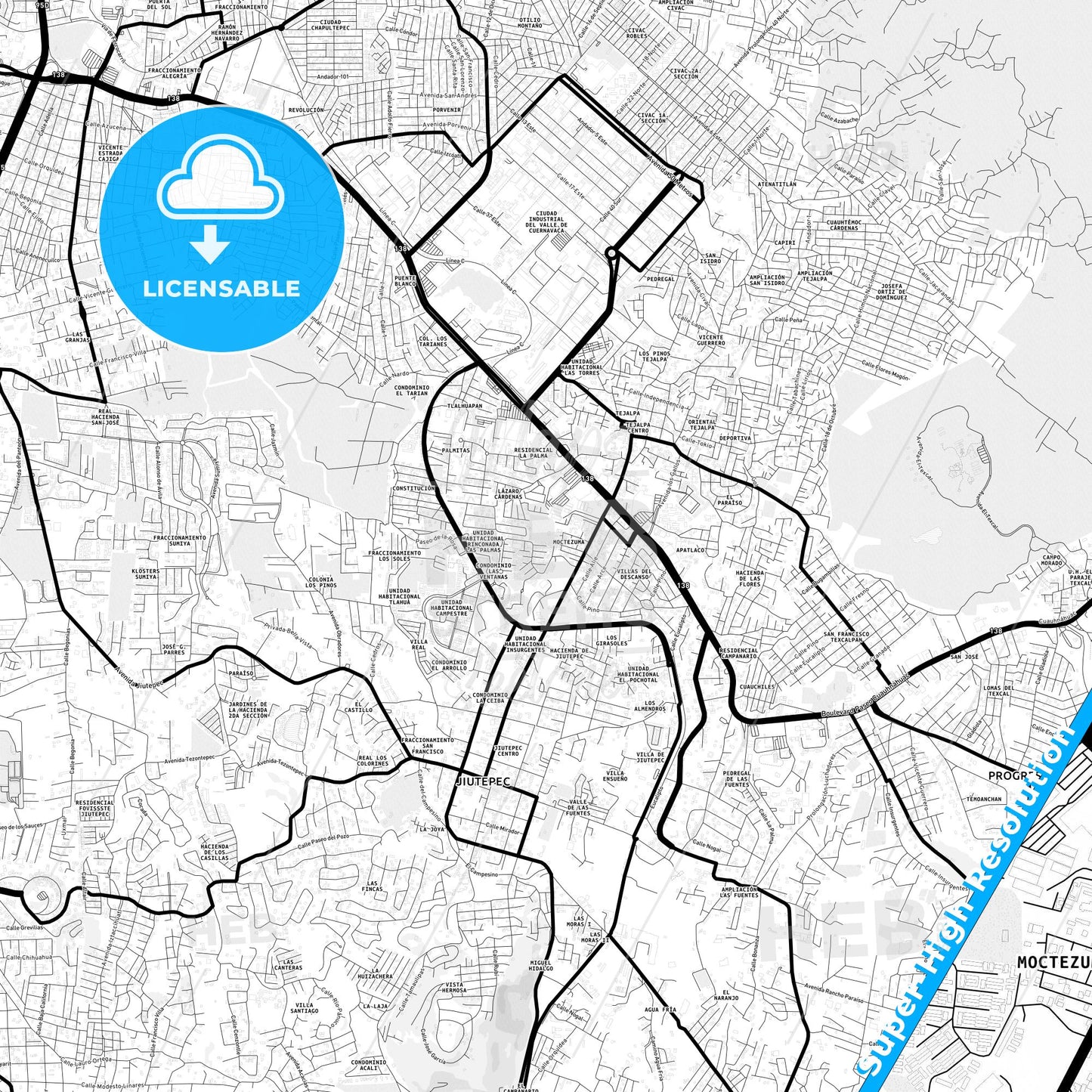 Jiutepec, Mexico Light Map with Street Names, City Names, and Districts