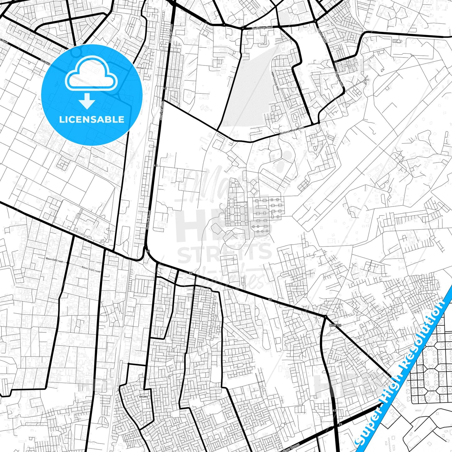 Jodhpur, India Light Map with Street Names, City Names, and Districts