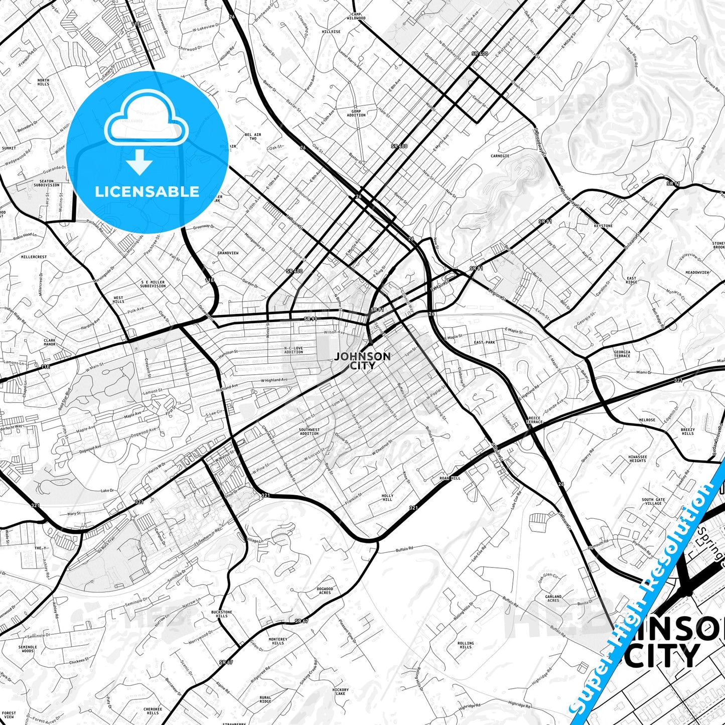 Johnson City, Tennessee Light Map with Street Names, City Names, and Districts