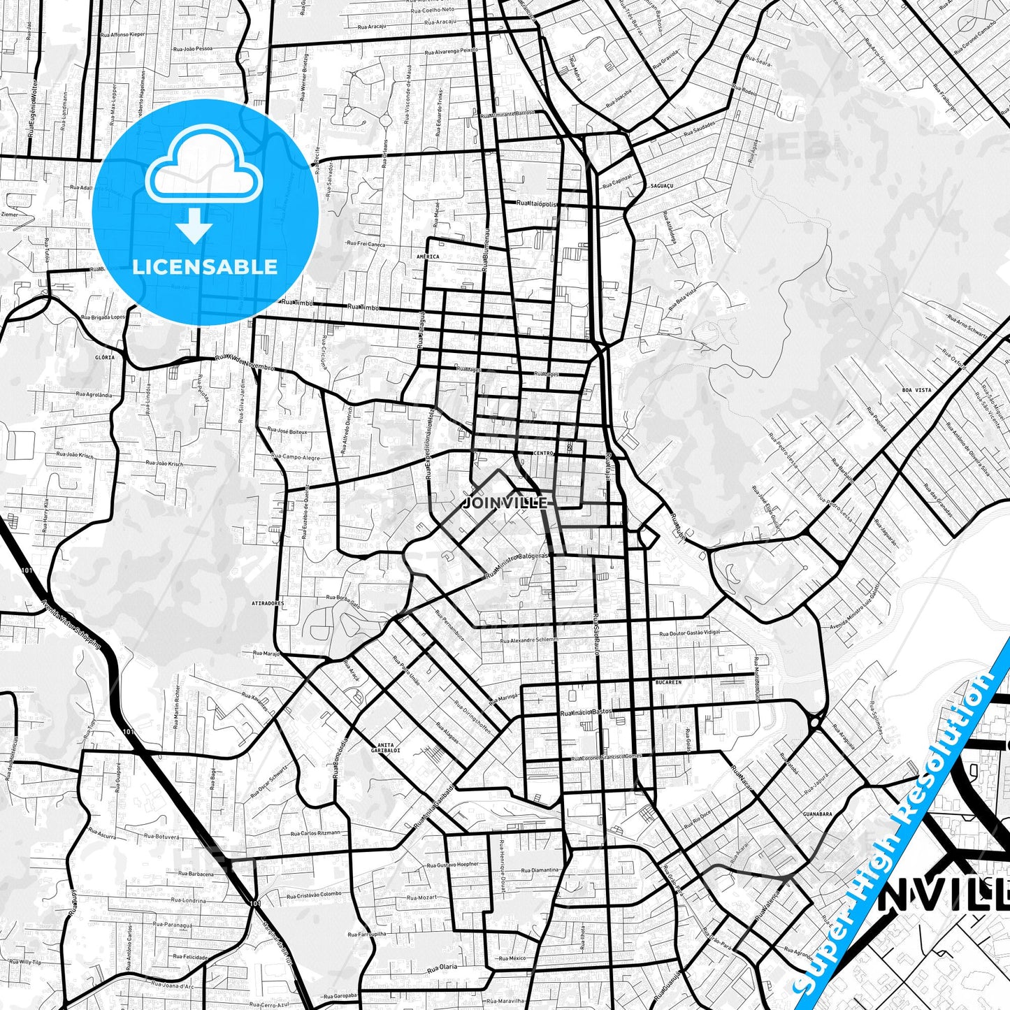 Joinville, Brazil Light Map with Street Names, City Names, and Districts